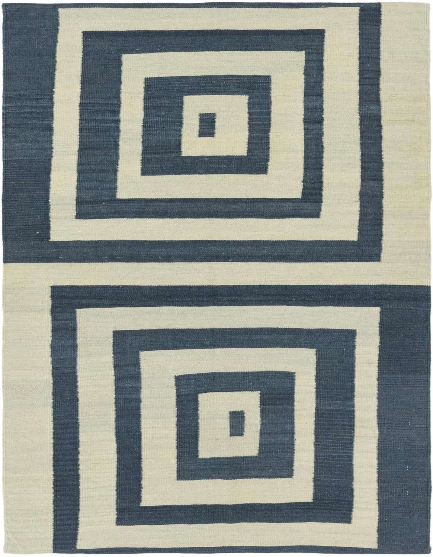 A 4x6 rectangular Kilim Modern wool rug featuring a bold geometric pattern of concentric squares in deep indigo and cream.