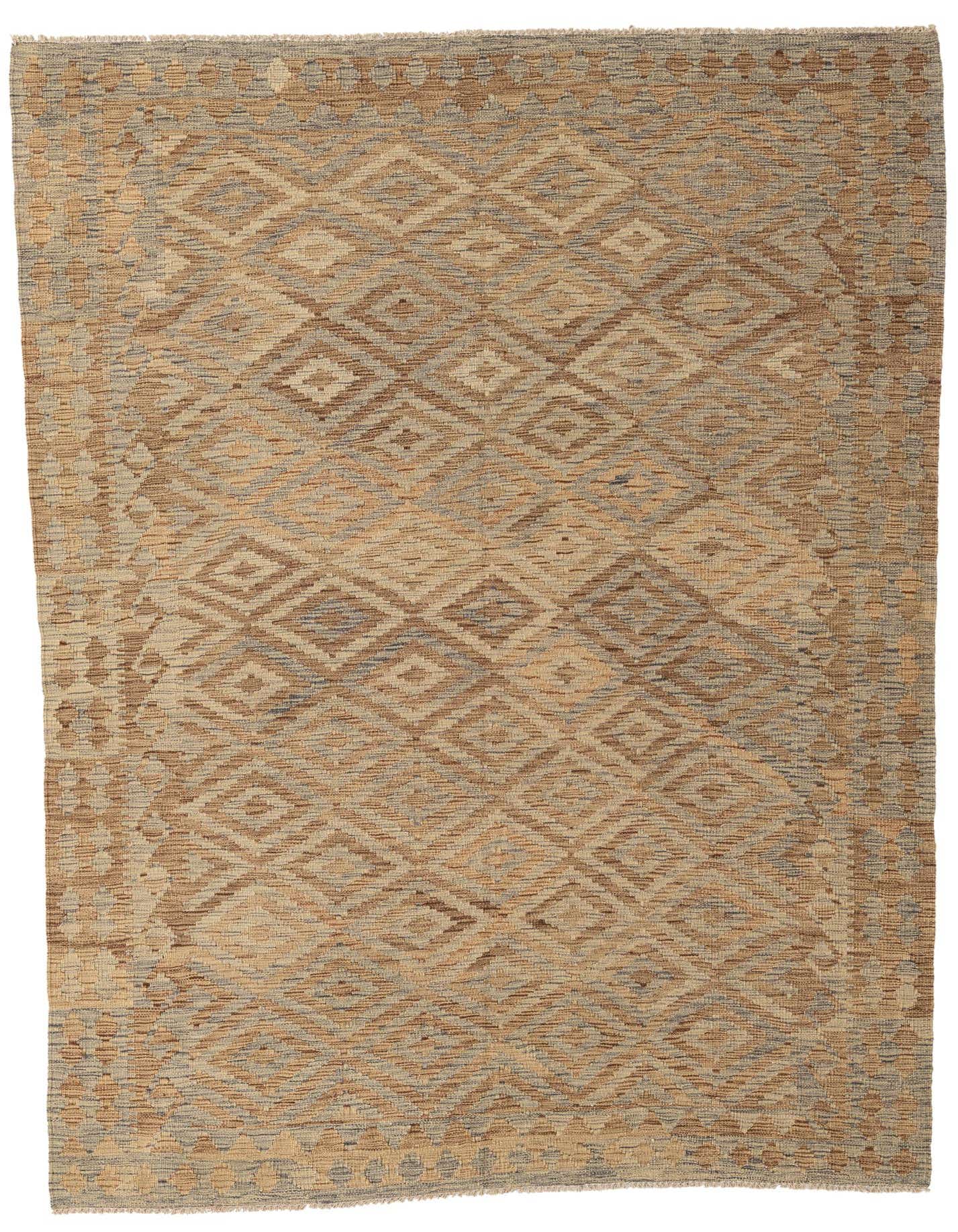 A 6x9 rectangular flatweave rug featuring a Southwestern geometric diamond pattern in varying shades of brown, tan, and cream.