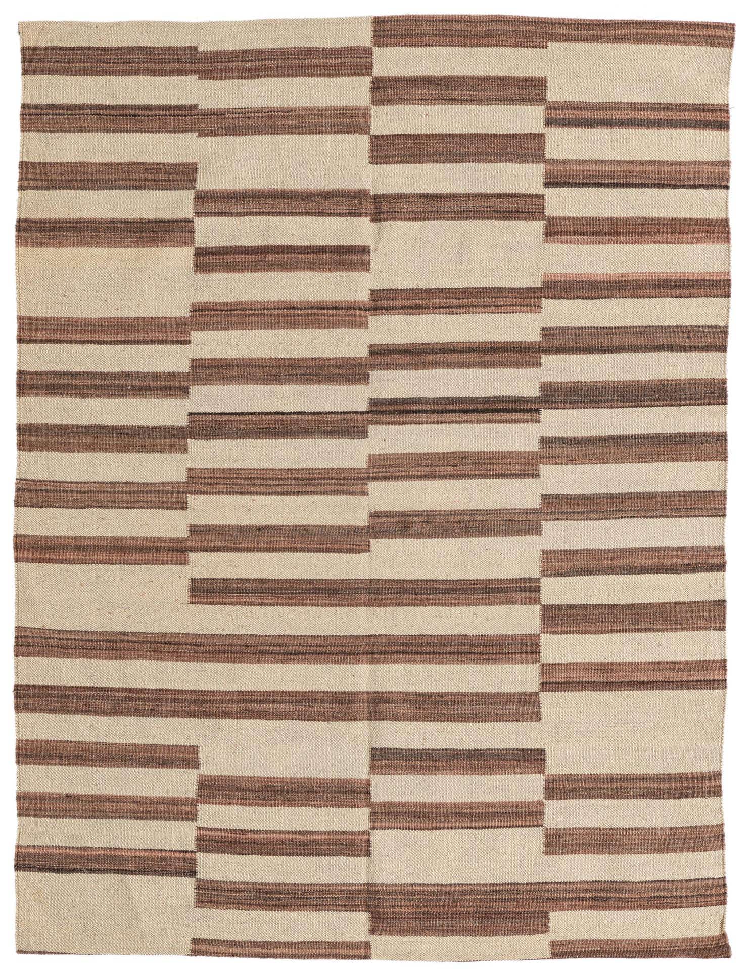 A 4x6 rectangular Kilim Modern rug with a tribal abstract pattern in alternating horizontal stripes of brown and cream.