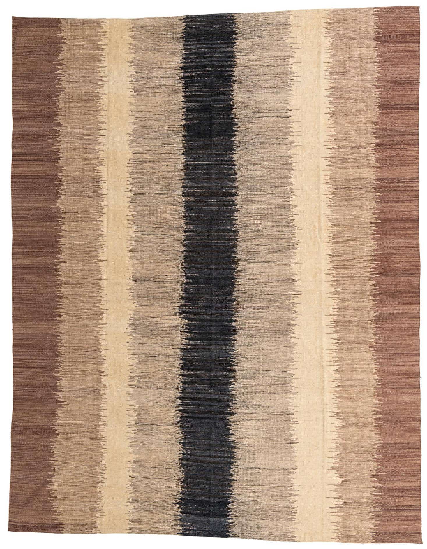 A 10x13 rectangular Kilim Modern wool rug featuring horizontal stripes in varying shades of brown, tan, ivory, and a central dark brown/black band.
