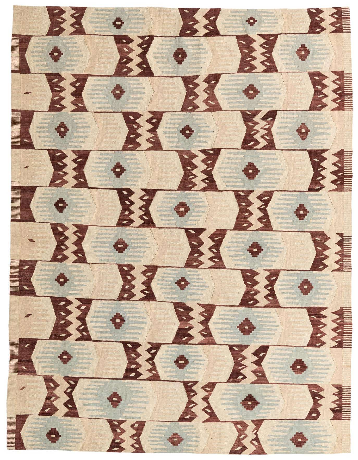 A 7x10 rectangular flatweave rug with a modern tribal pattern in browns, tans, and creams, featuring abstract geometric shapes.