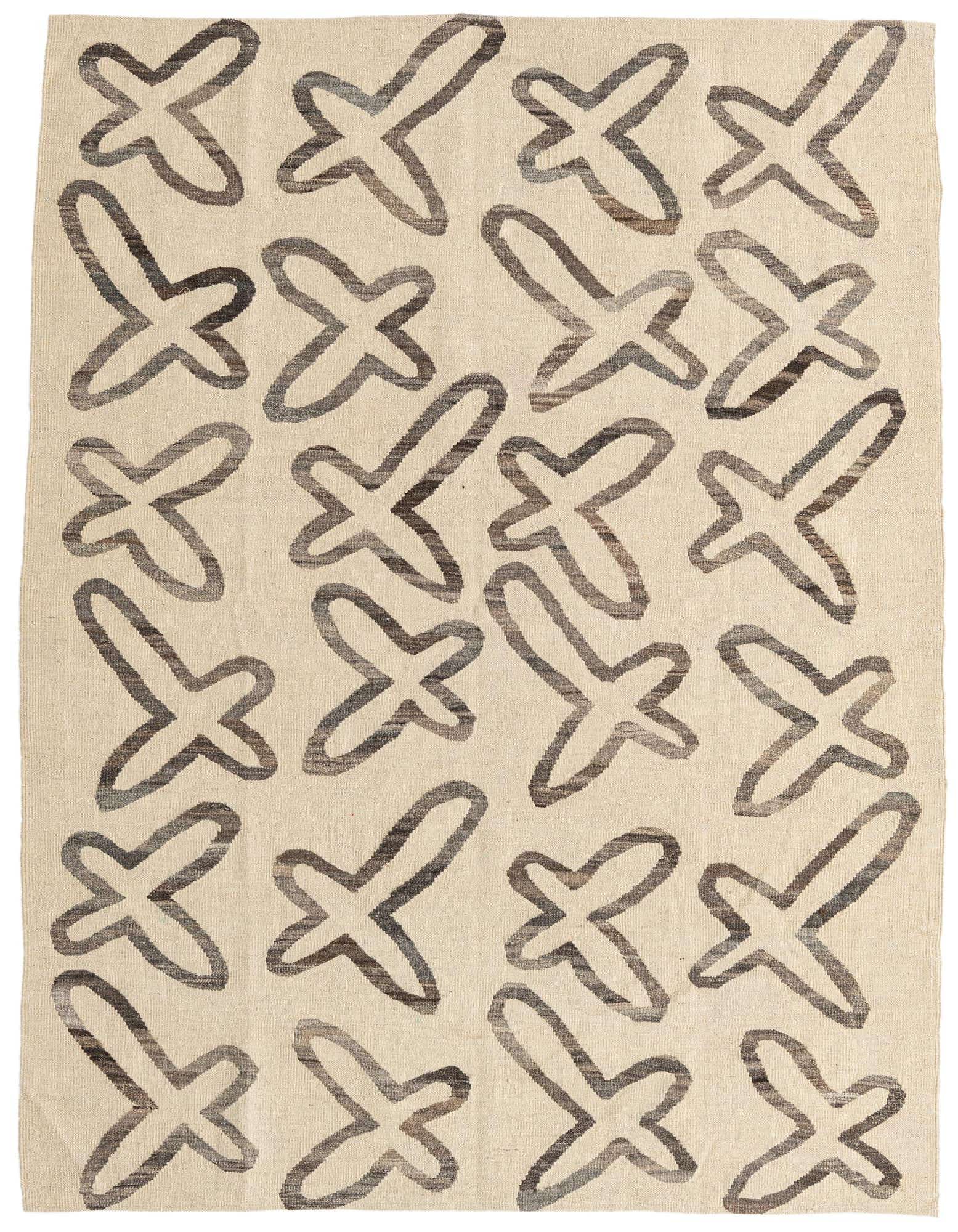 A 5x8 rectangular Kilim Modern wool rug with an ivory background and abstract brown tribal patterns.