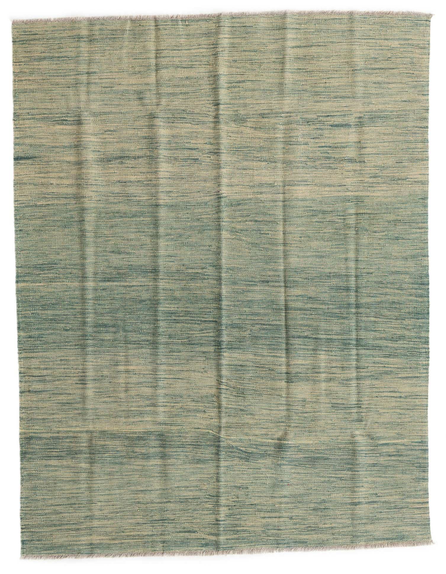 A 4x6 rectangular flatweave wool rug with a subtle striped pattern in varying shades of brown and cream.