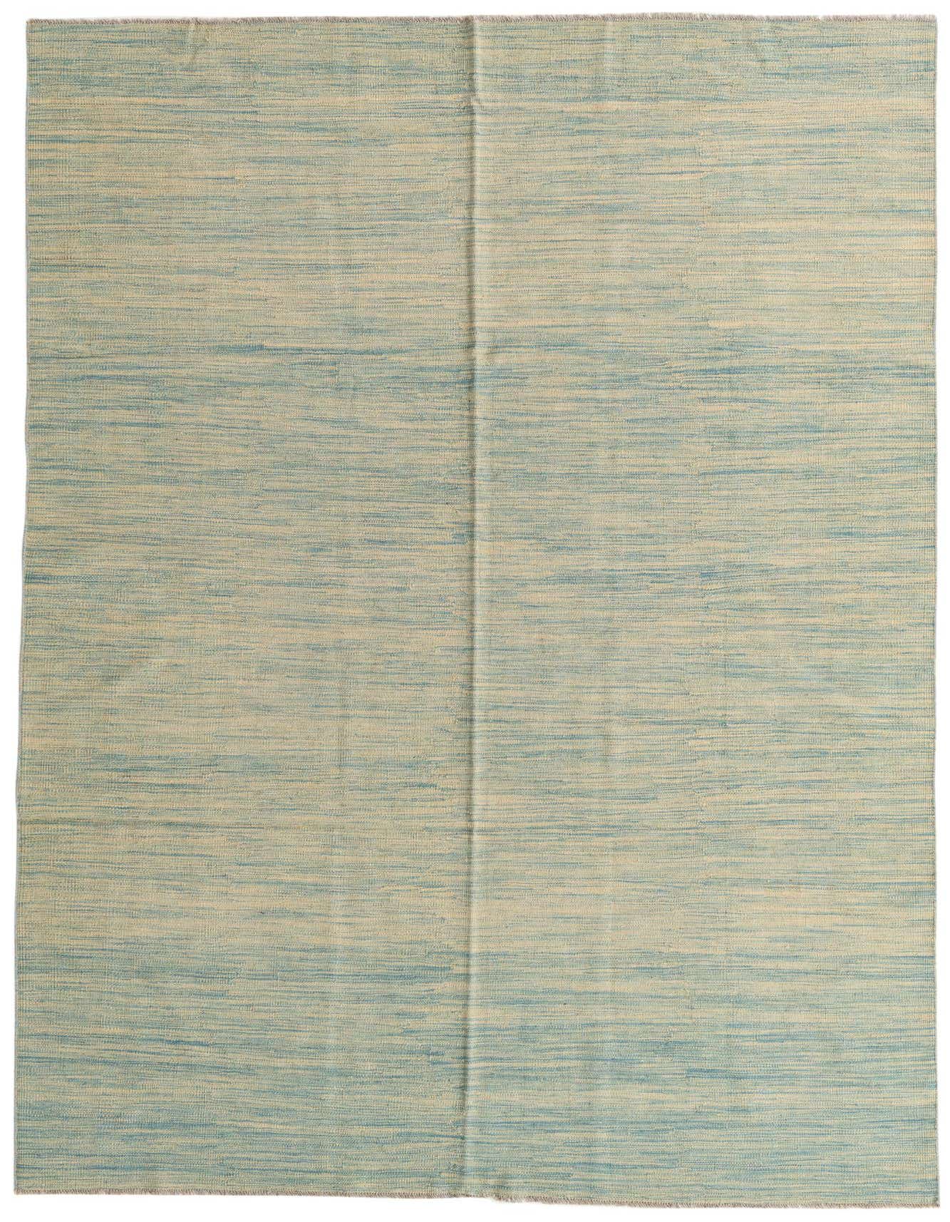 A 6x9 rectangular flatweave rug with a horizontal striped pattern in varying shades of brown, tan, and cream.