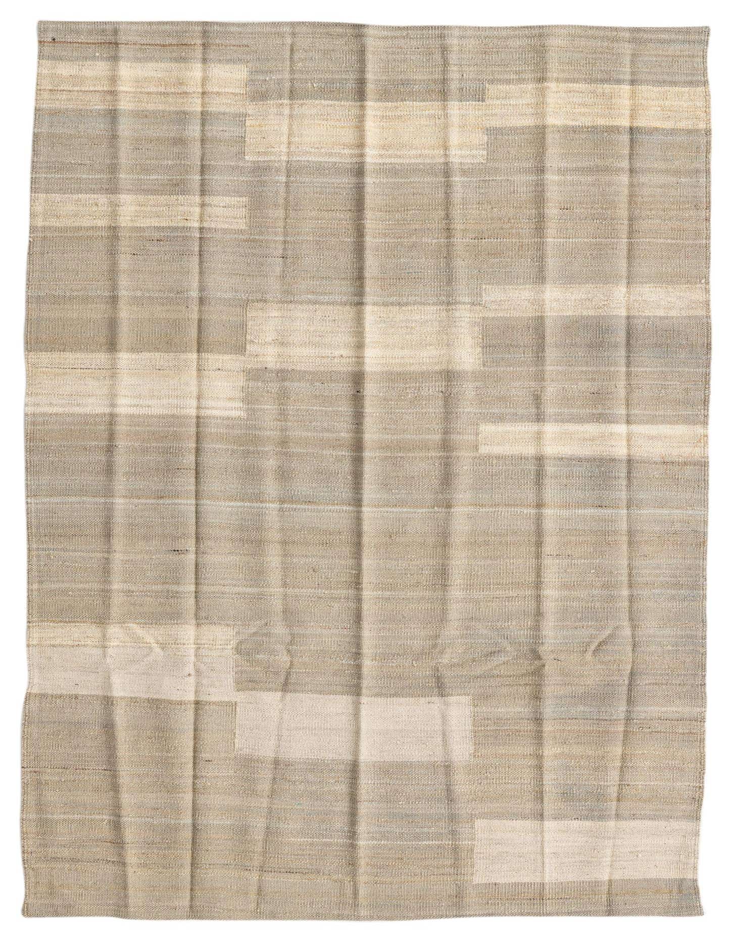 A 4x6 rectangular Kilim Modern wool rug featuring a tribal stripe pattern in shades of brown, tan, and cream.