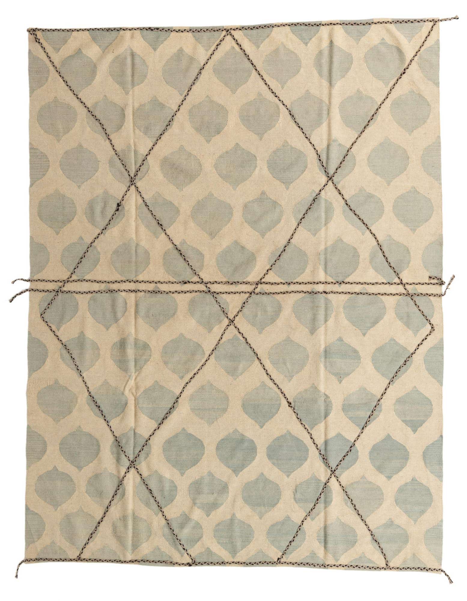 An 8x10 rectangular flatweave wool rug with an ivory background and light blue-green abstract tribal patterns, accented by dark brown braided lines forming a diamond grid.