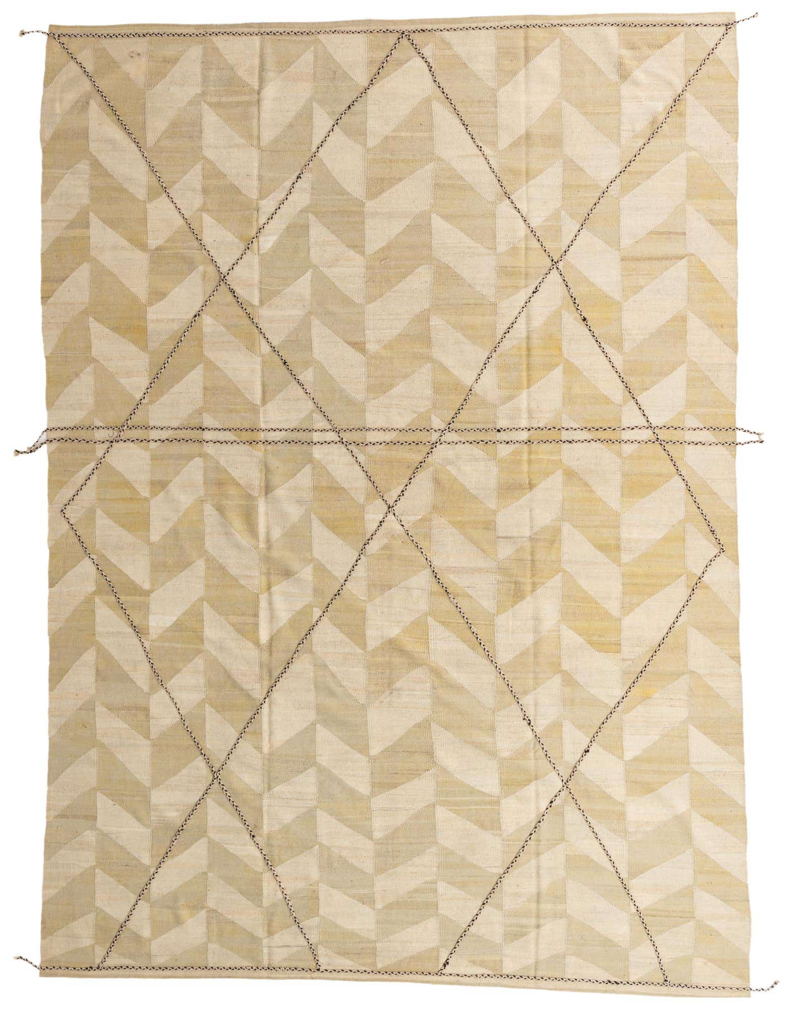 A 10x13 rectangular Kilim Modern wool rug featuring a geometric pattern in shades of brown, tan, and cream with thin, dark tribal stitching.
