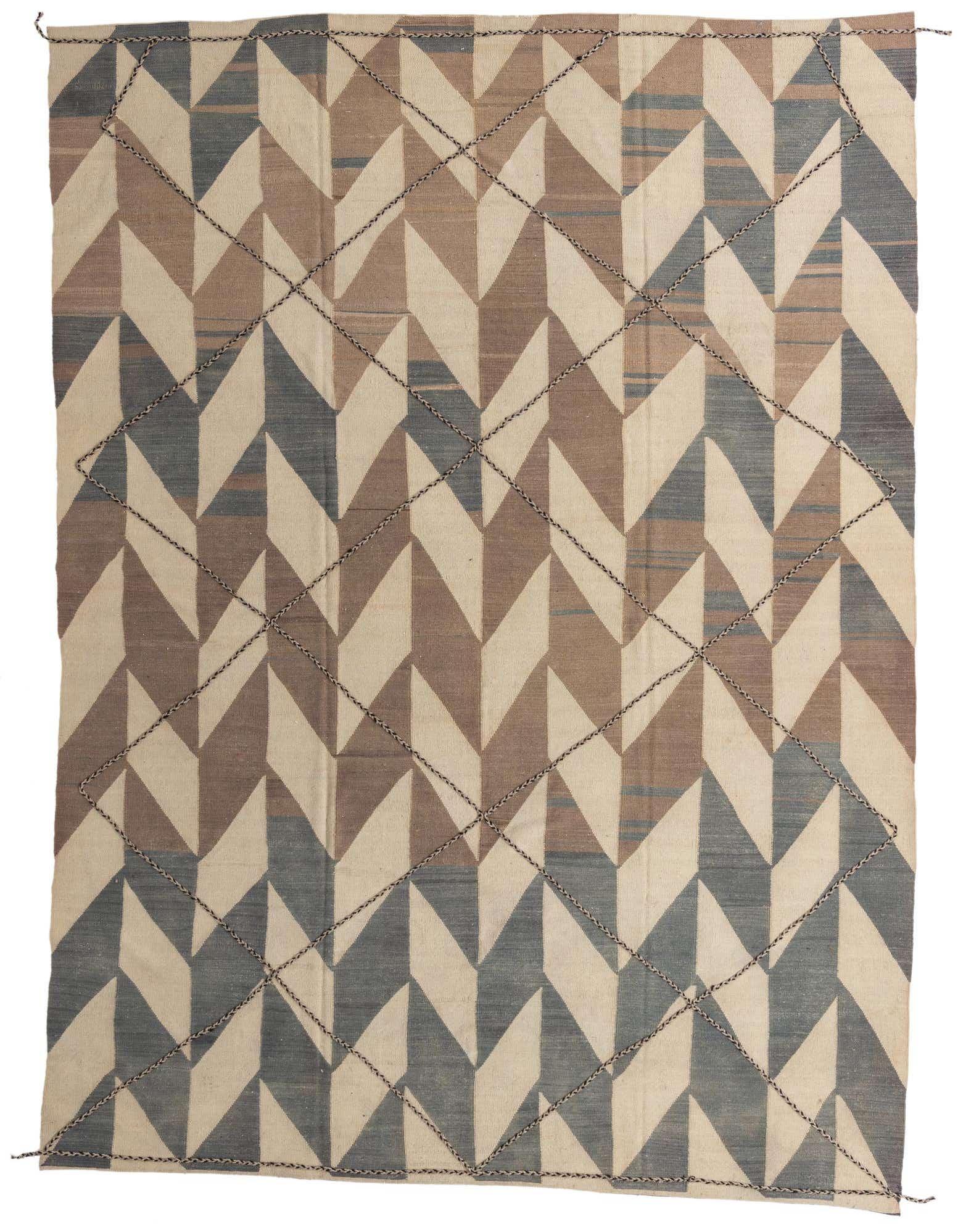 A 10x13 rectangular Kilim Modern wool rug featuring a tribal geometric pattern in browns, tans, and ivories.