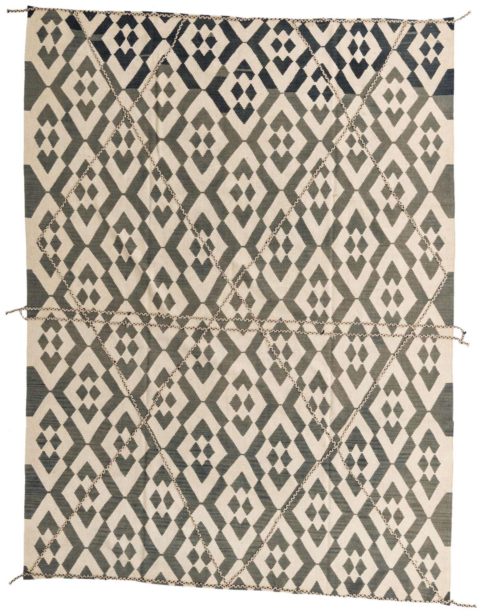 A large 8x10 rectangular flatweave wool rug with a tribal geometric diamond pattern in shades of brown, tan, and cream.