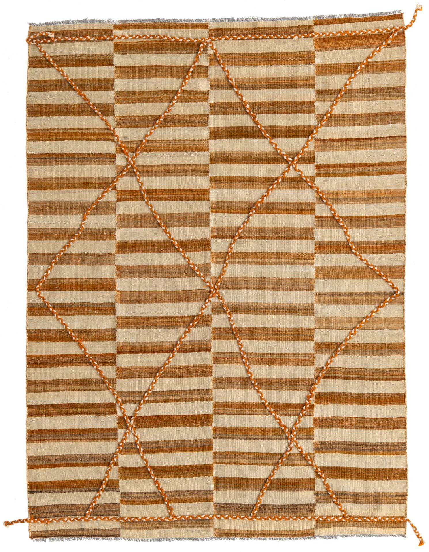 A 5x8 rectangular Kilim Modern rug with horizontal stripes in varying shades of brown, tan, and cream, accented by a braided orange diamond pattern.