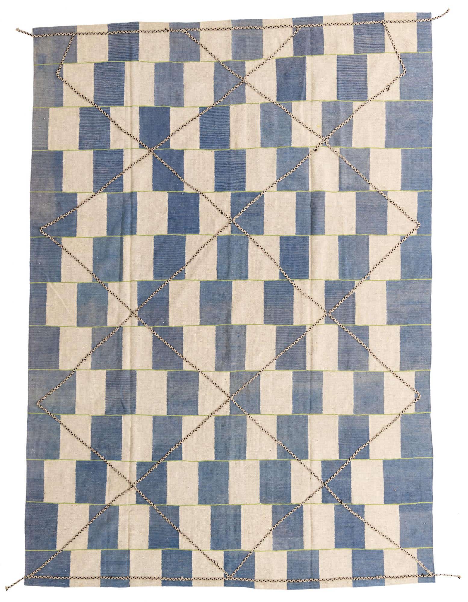 A rectangular 8x10 Kilim Modern wool rug featuring a tribal pattern of brown and cream blocks with subtle green lines and a crisscross chain design.