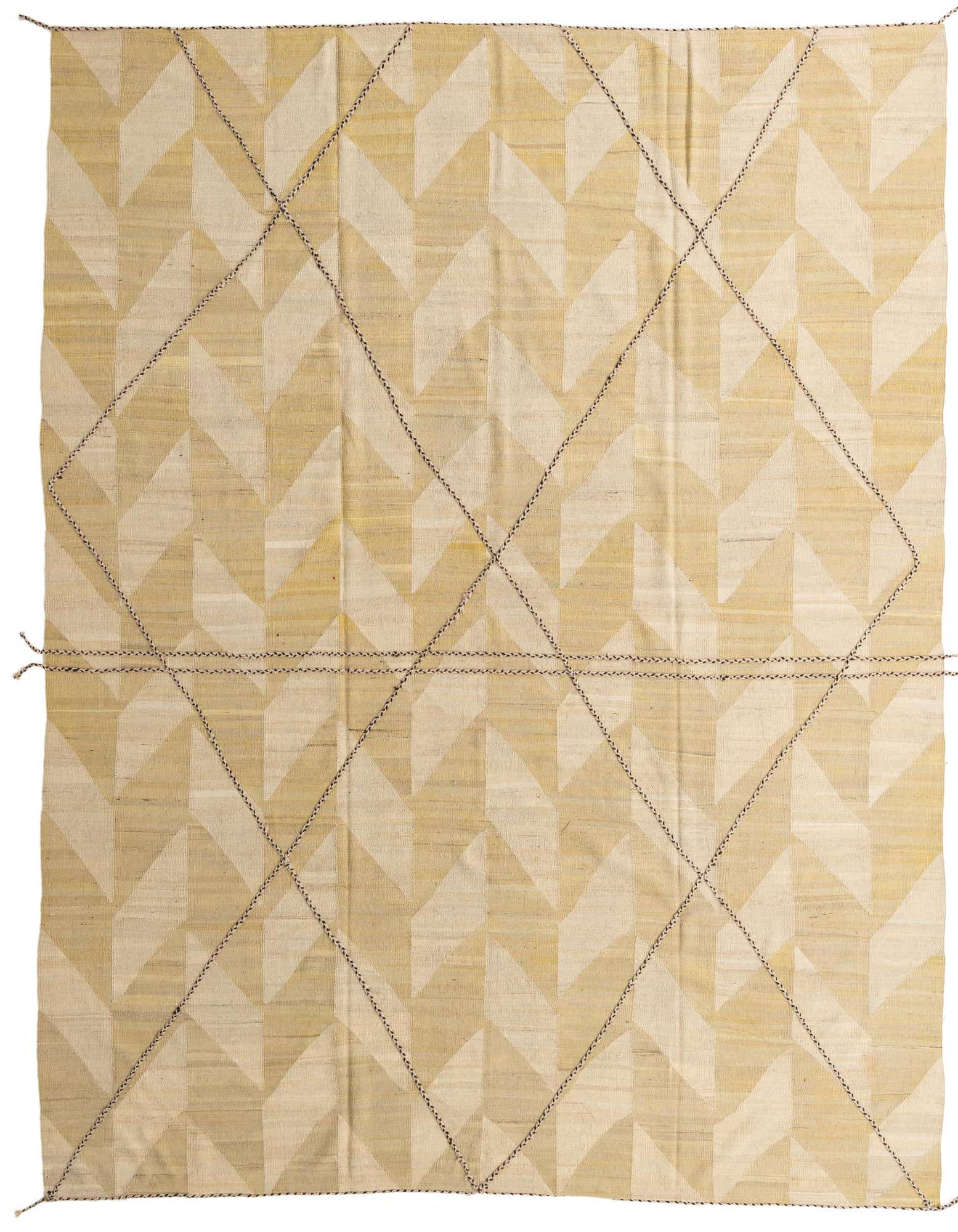A 10x13 rectangular Kilim Modern rug with a tribal geometric pattern in shades of brown, tan, and cream.