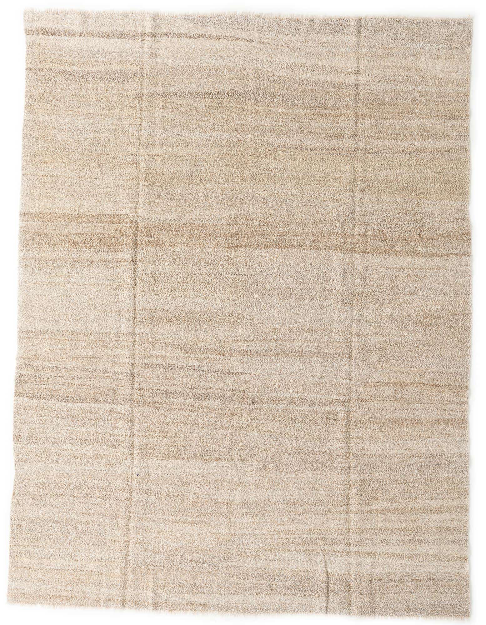 A 7x10 rectangular flatweave wool rug featuring abstract horizontal stripes in varying shades of brown and cream.