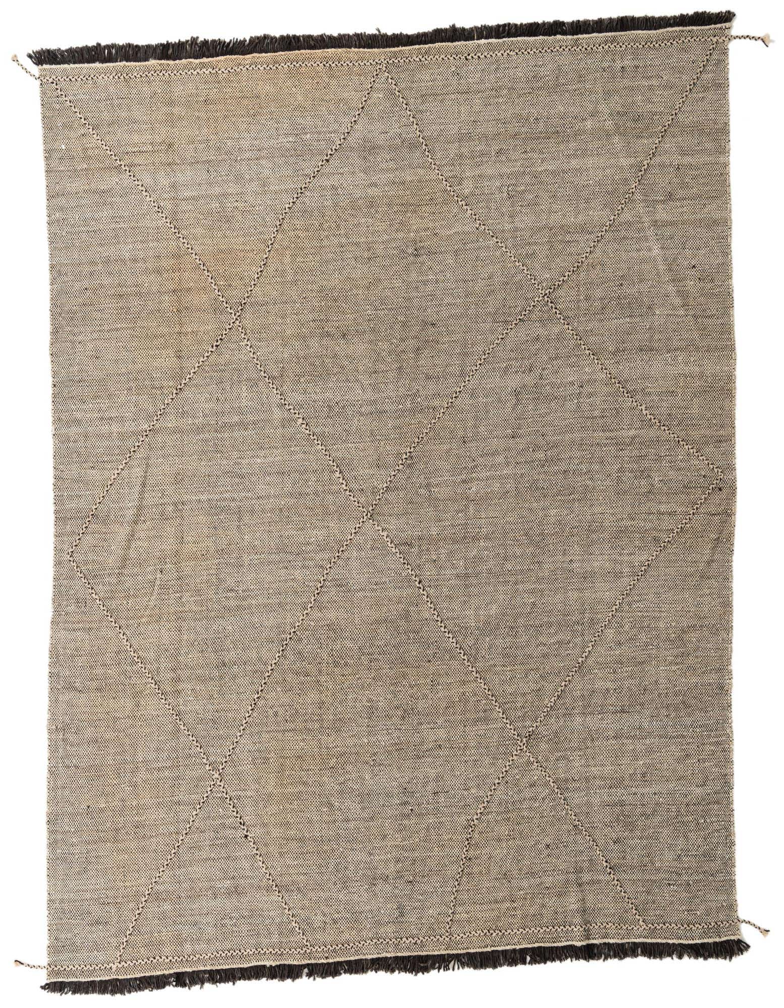 An 8x10 rectangular flatweave rug with a tribal diamond pattern in natural brown and cream tones.