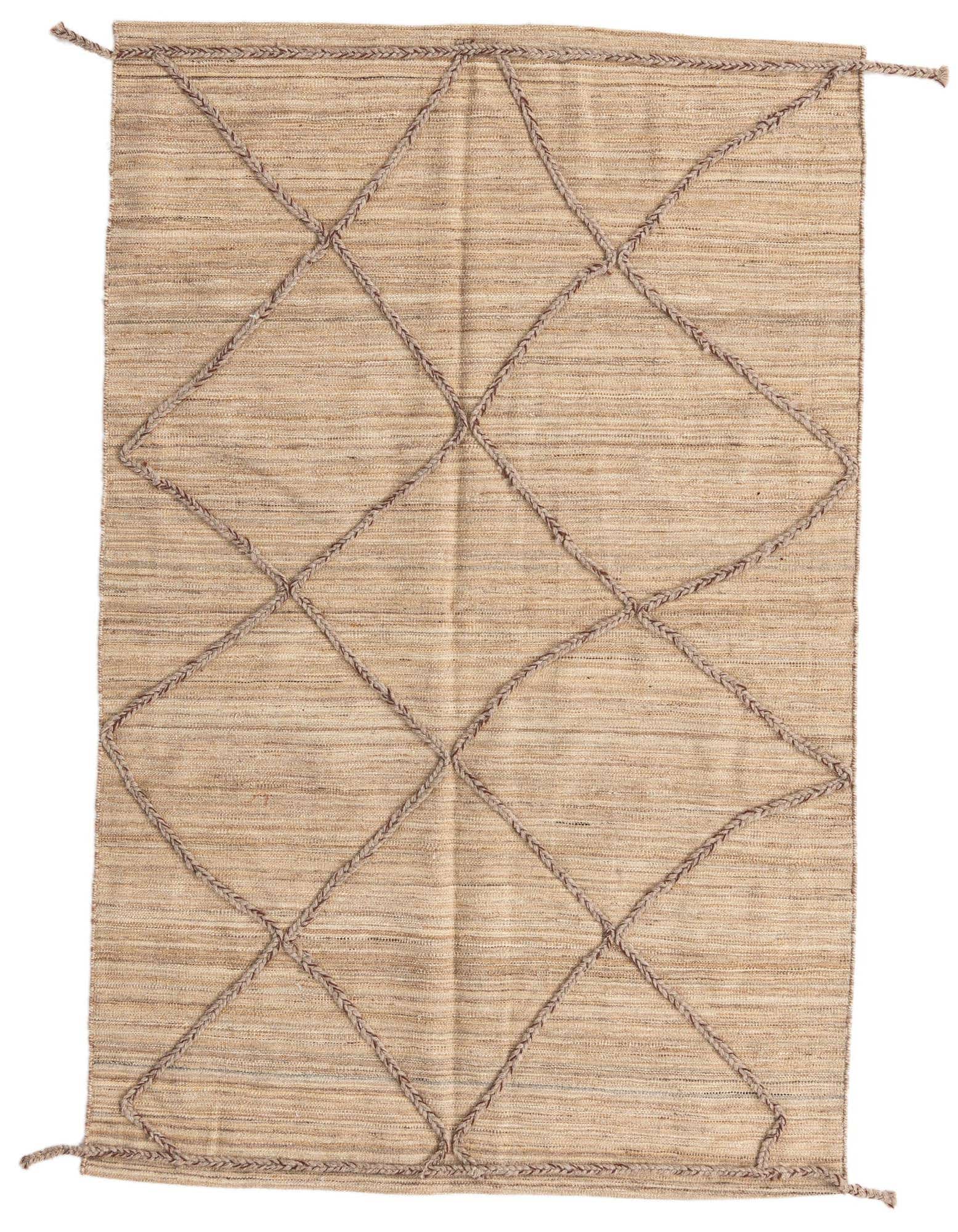 A 4x6 rectangular brown and tan wool rug with a tribal diamond pattern made from braided texture.