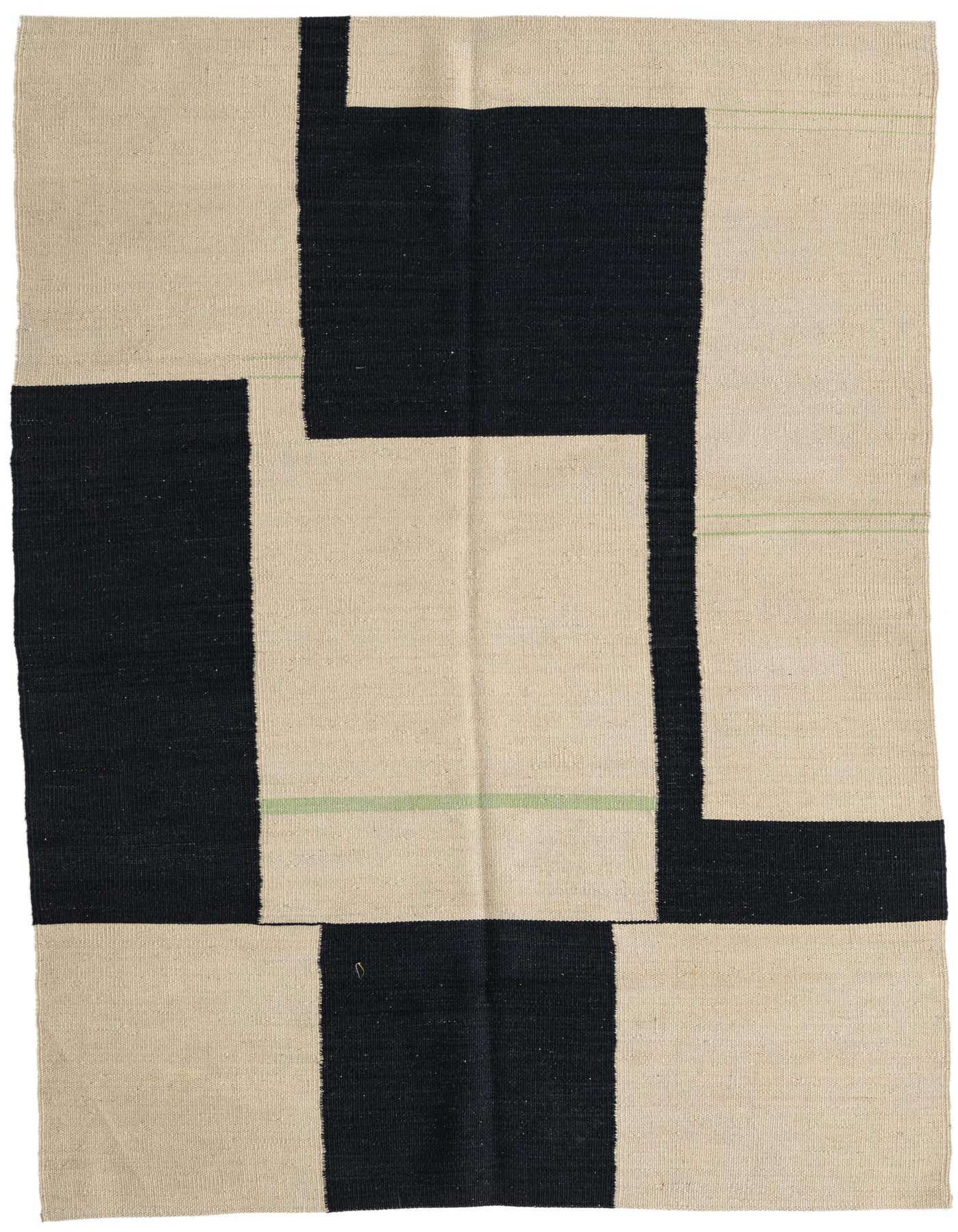 A 4x6 rectangular Kilim Modern rug featuring a bold abstract pattern of black and cream blocks with subtle green lines.