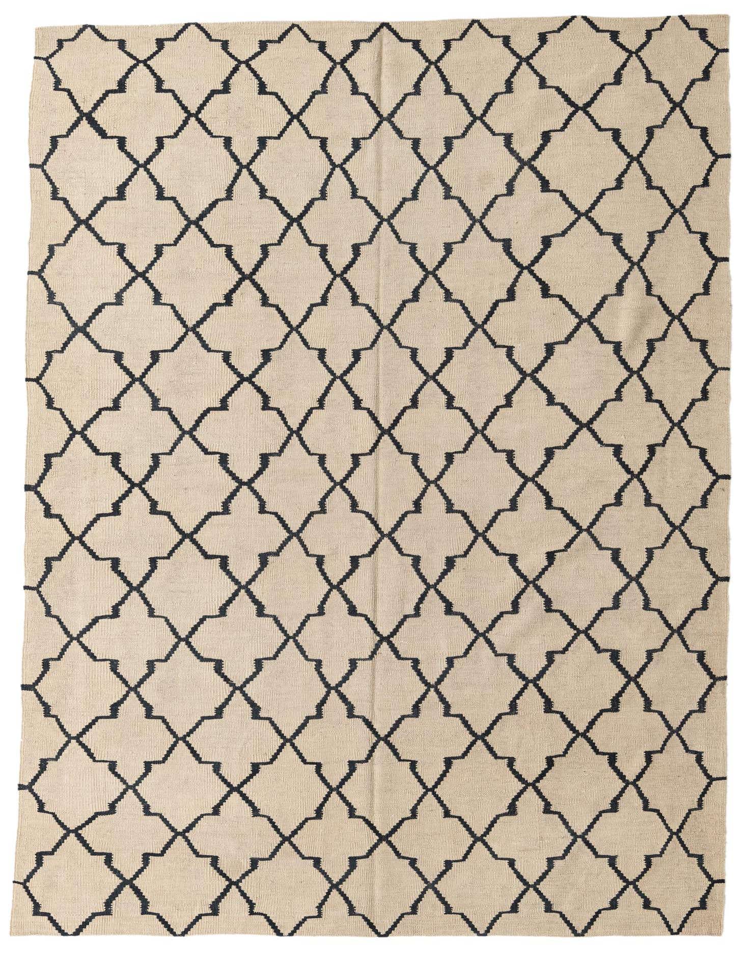 A 5x8 rectangular Kilim Modern wool rug featuring a repeating tribal geometric pattern in dark brown on a cream background.