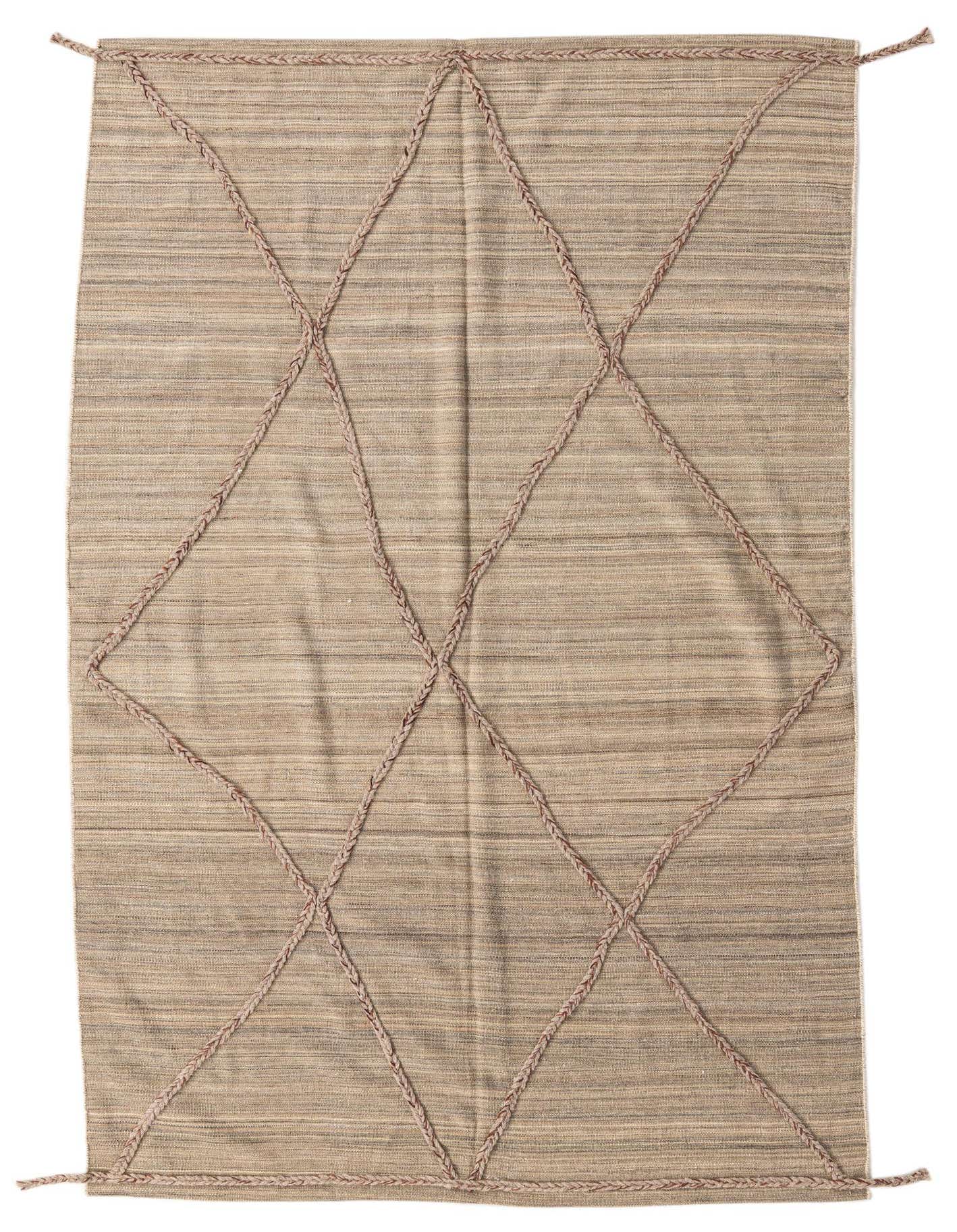 A 5x8 rectangular Kilim Modern wool rug in brown and ivory, featuring a tribal diamond pattern with braided accents.