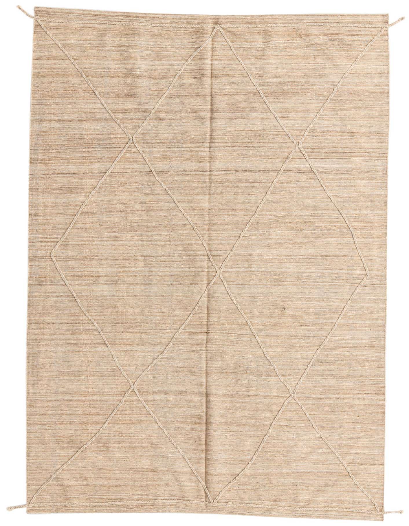 A 6x9 rectangular Kilim Modern wool rug in natural brown and cream tones with a subtle tribal diamond pattern, ideal for a living room.