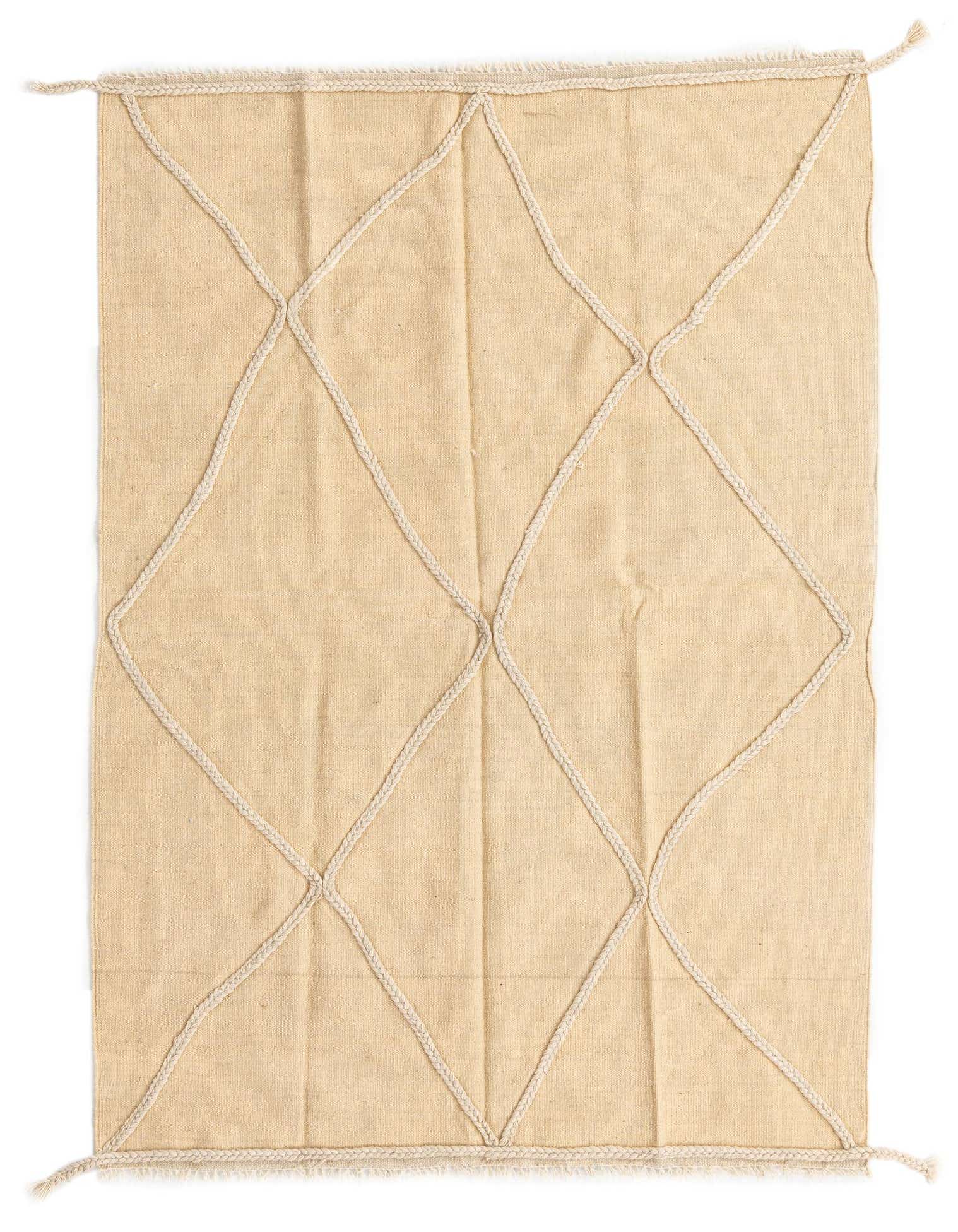 A 4x6 rectangular Kilim Modern rug from Rugs.com, featuring a light brown flatweave wool base with a cream tribal diamond pattern.