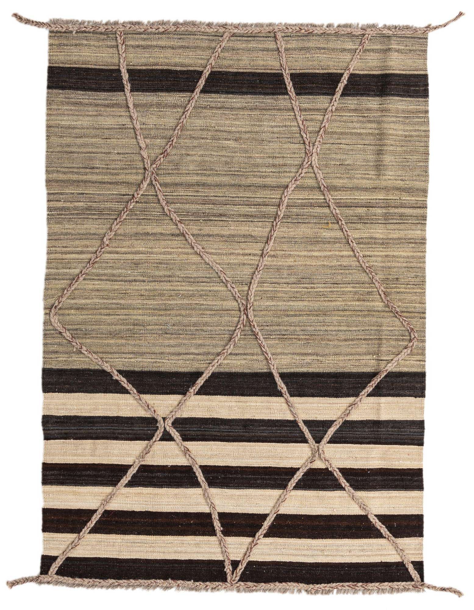 A 4x6 rectangular Kilim Modern wool rug featuring horizontal stripes in brown, tan, and cream, overlaid with a braided diamond pattern.