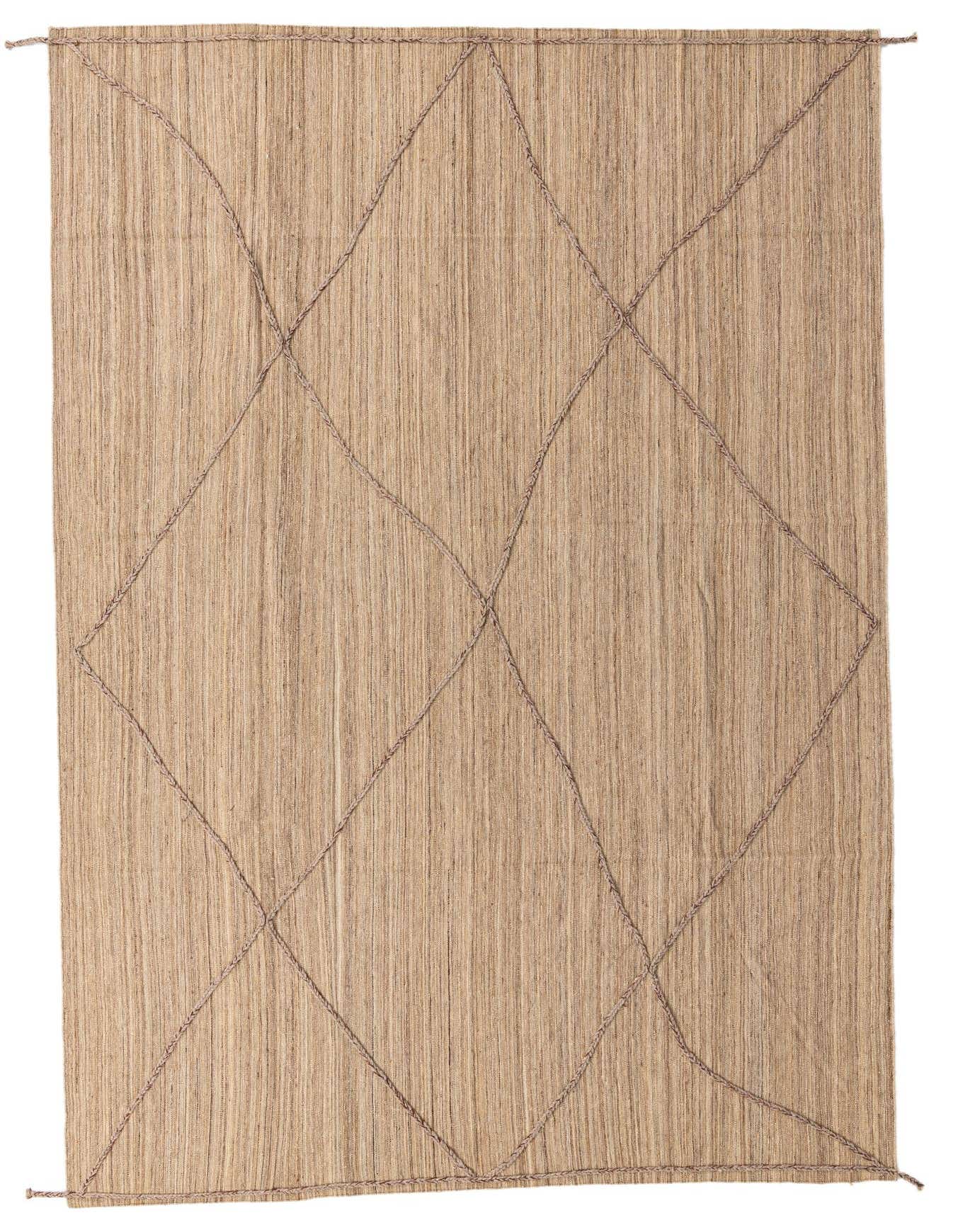 A rectangular 8x12 Kilim Modern wool rug in natural brown and tan tones with a subtle diamond tribal pattern.