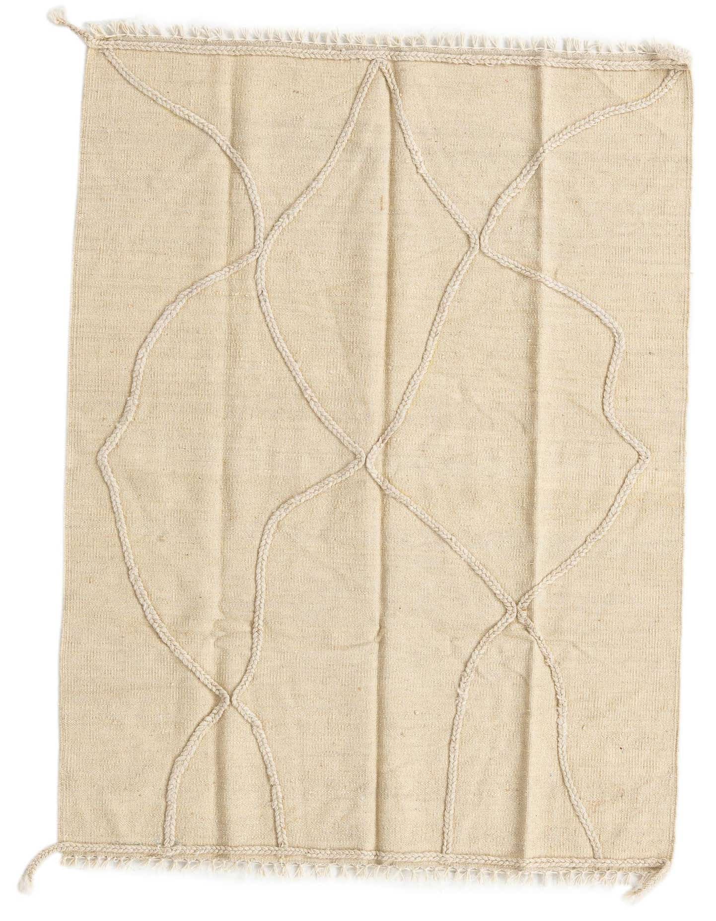 A 3x5 rectangular Kilim Modern rug from Rugs.com, featuring a tribal geometric pattern in cream braided wool on a flatweave tan background.