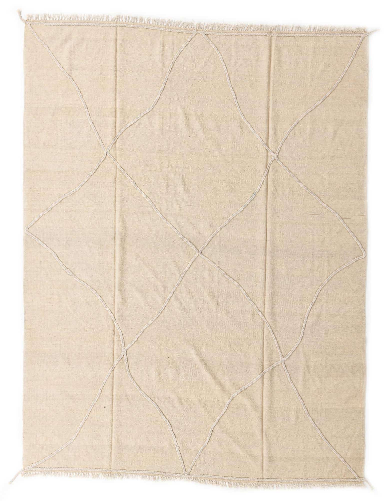An 8x10 rectangular flatweave wool rug in cream and tan with a subtle tribal geometric pattern.