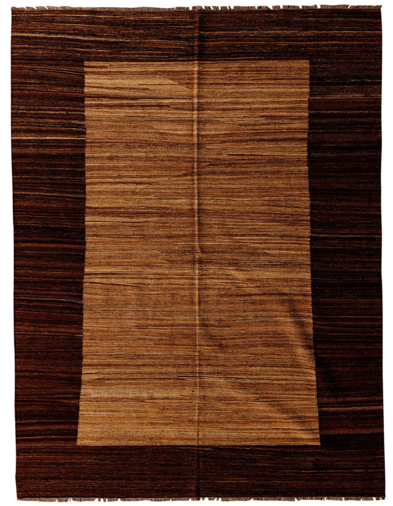 A 6x9 rectangular Kilim Modern rug with a flatweave, featuring a dark brown border and a lighter tan center.