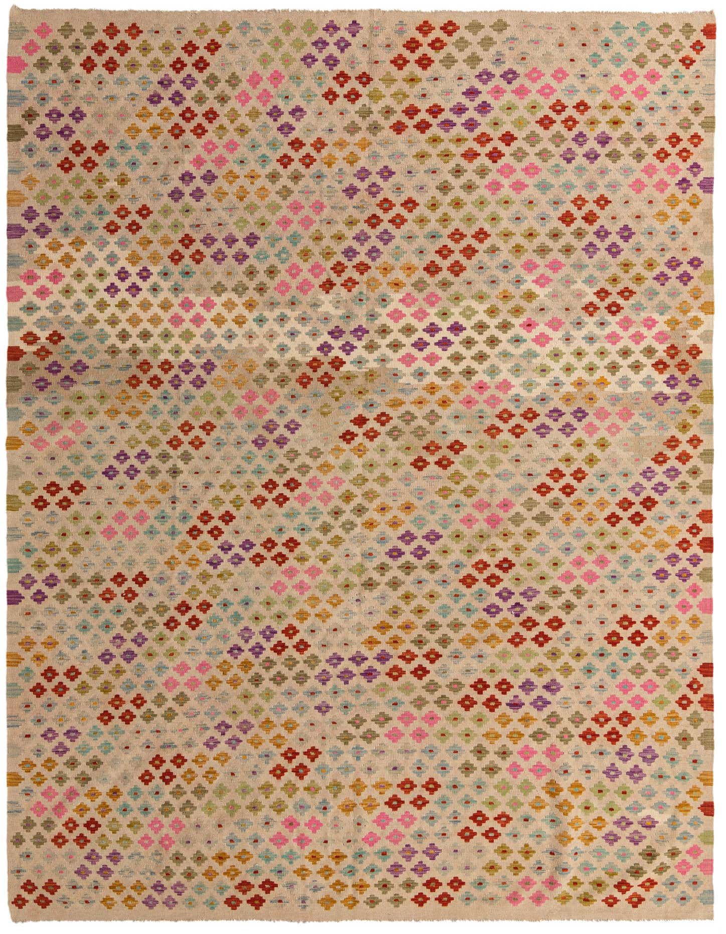 A rectangular 8x11 Kilim Modern wool rug with a tribal geometric pattern in multi-color diamonds on a light brown and ivory background.