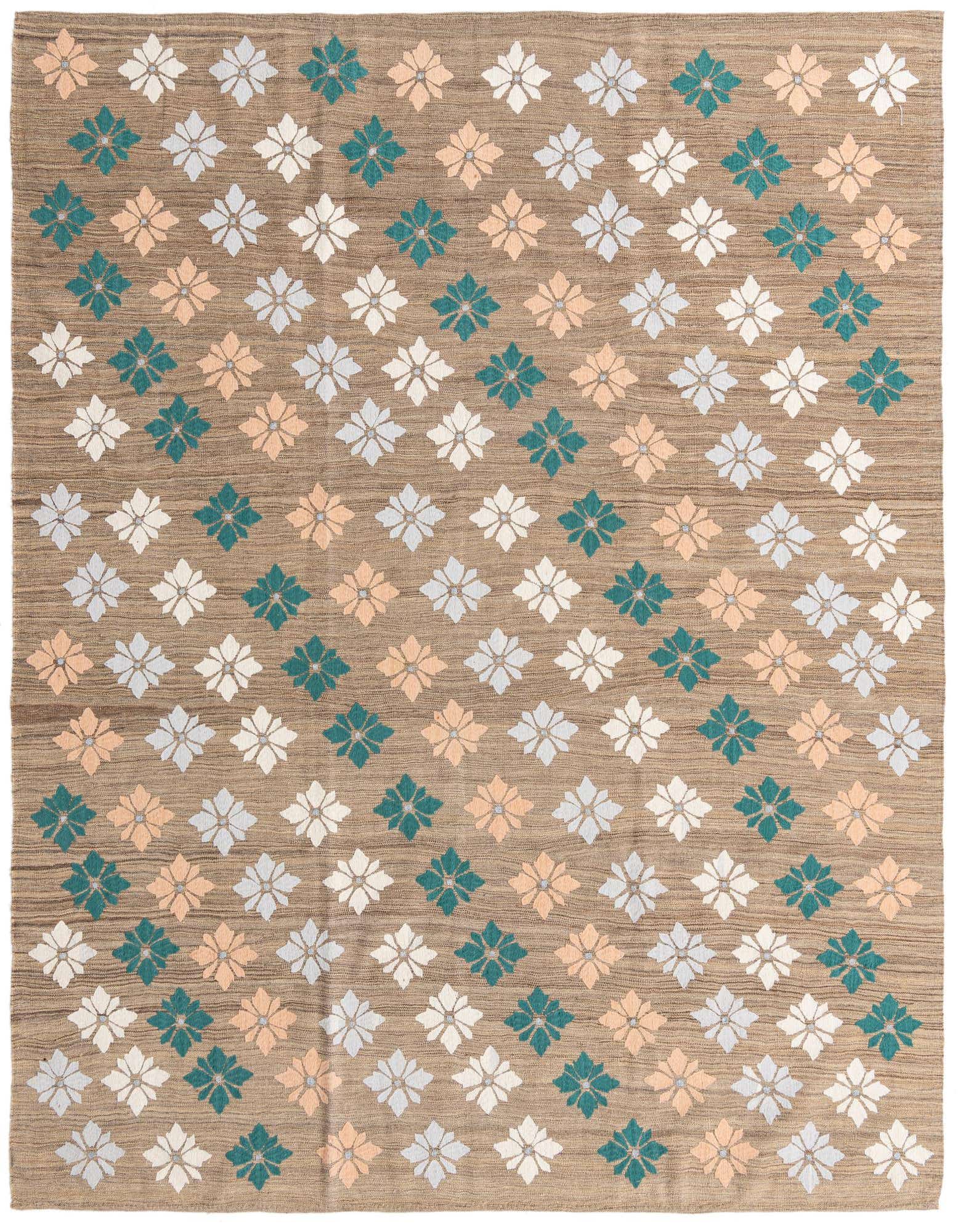 A 7x10 rectangular flatweave rug with a brown and tan base, featuring a repeating floral pattern in ivory, light blue, and peach.