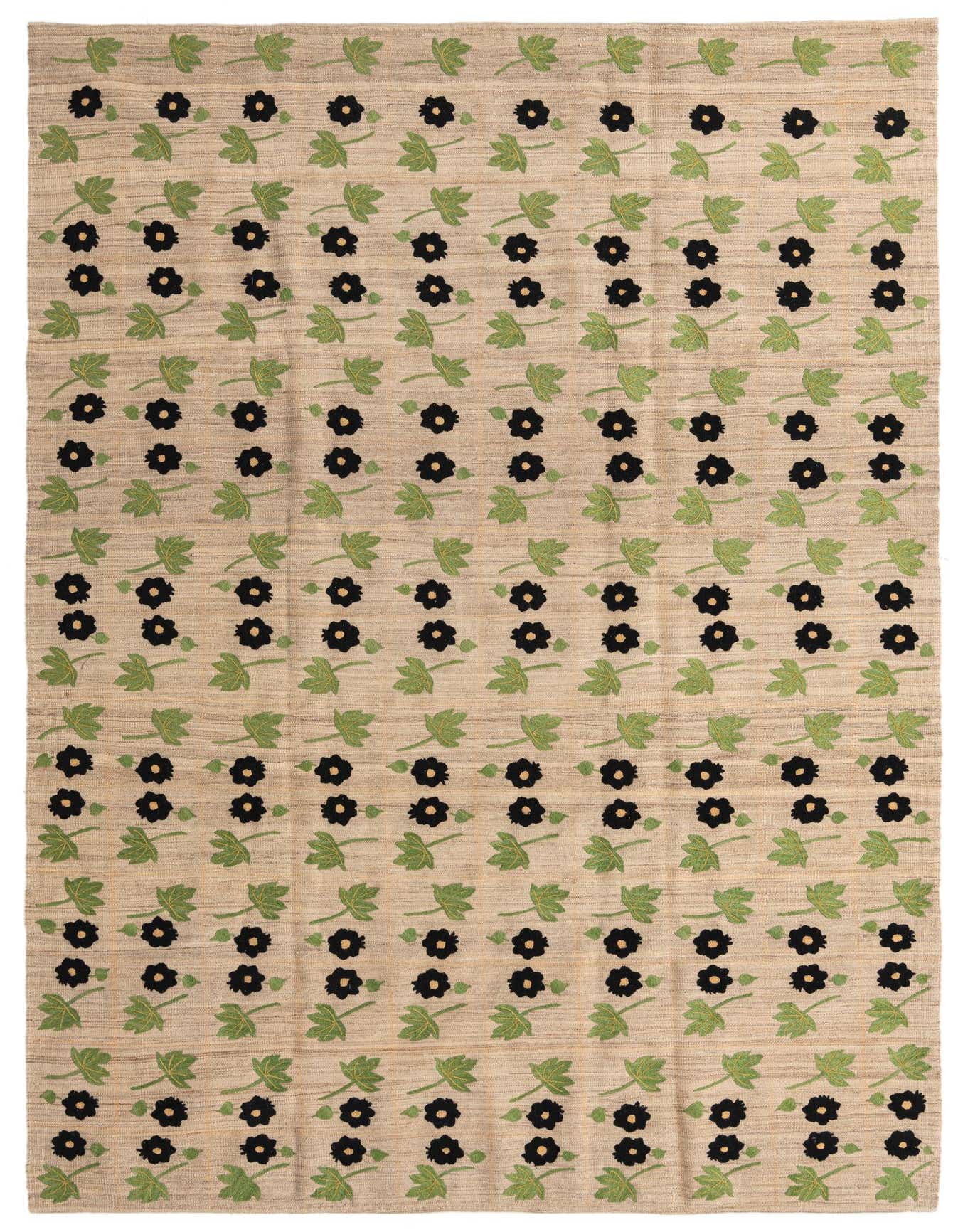 A 6x9 rectangular flatweave rug with a tribal floral pattern. It features a tan background with rows of black flowers and green leaves.
