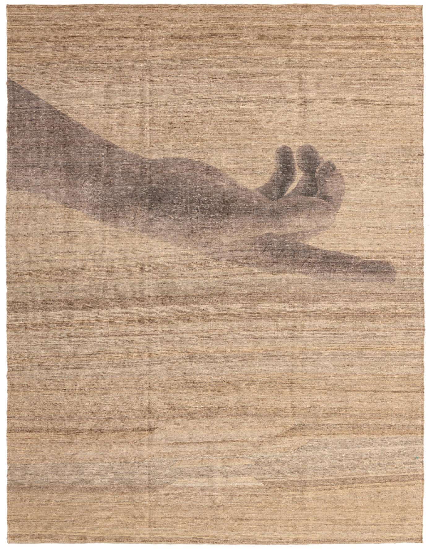 A 7x10 rectangular Kilim Modern rug in natural brown and tan wool, featuring a subtle abstract hand design.
