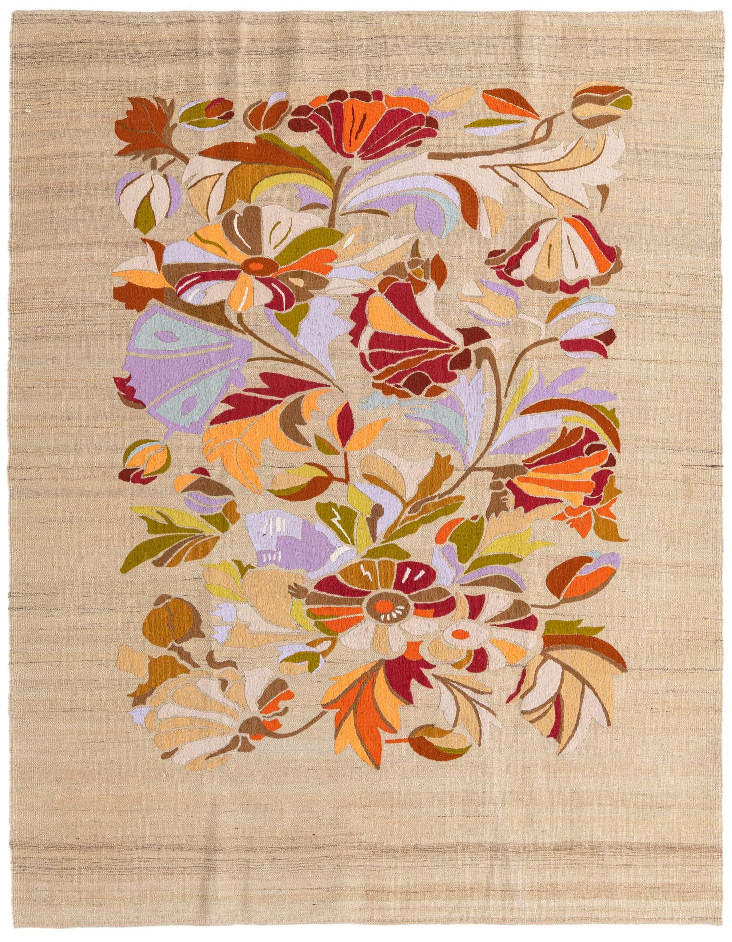 A 5x8 rectangular flatweave rug with a beige background and a vibrant, abstract floral pattern in reds, oranges, purples, and greens.