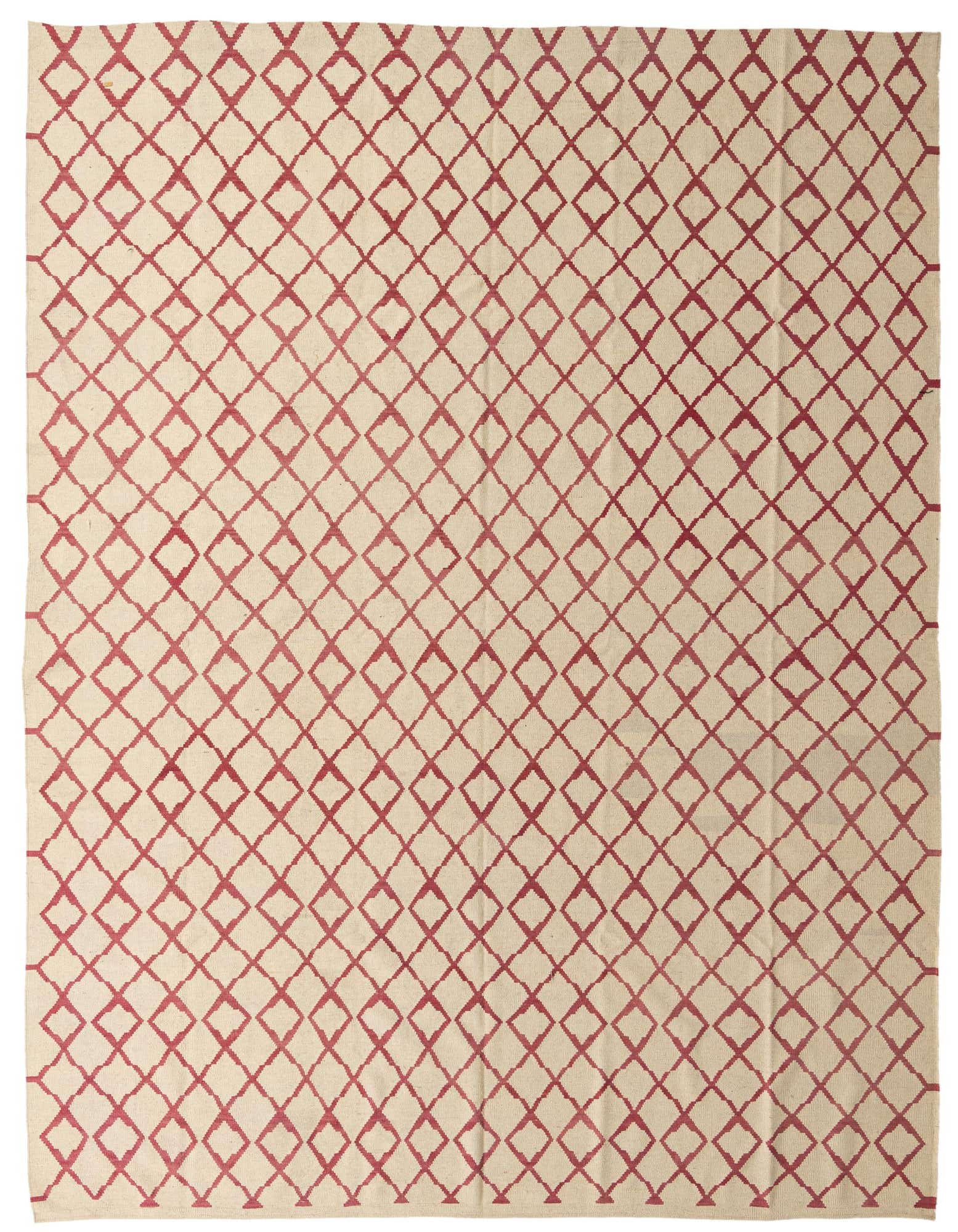 A 10x13 rectangular Kilim Modern wool rug featuring a repeating tribal diamond pattern in muted red on a cream background.