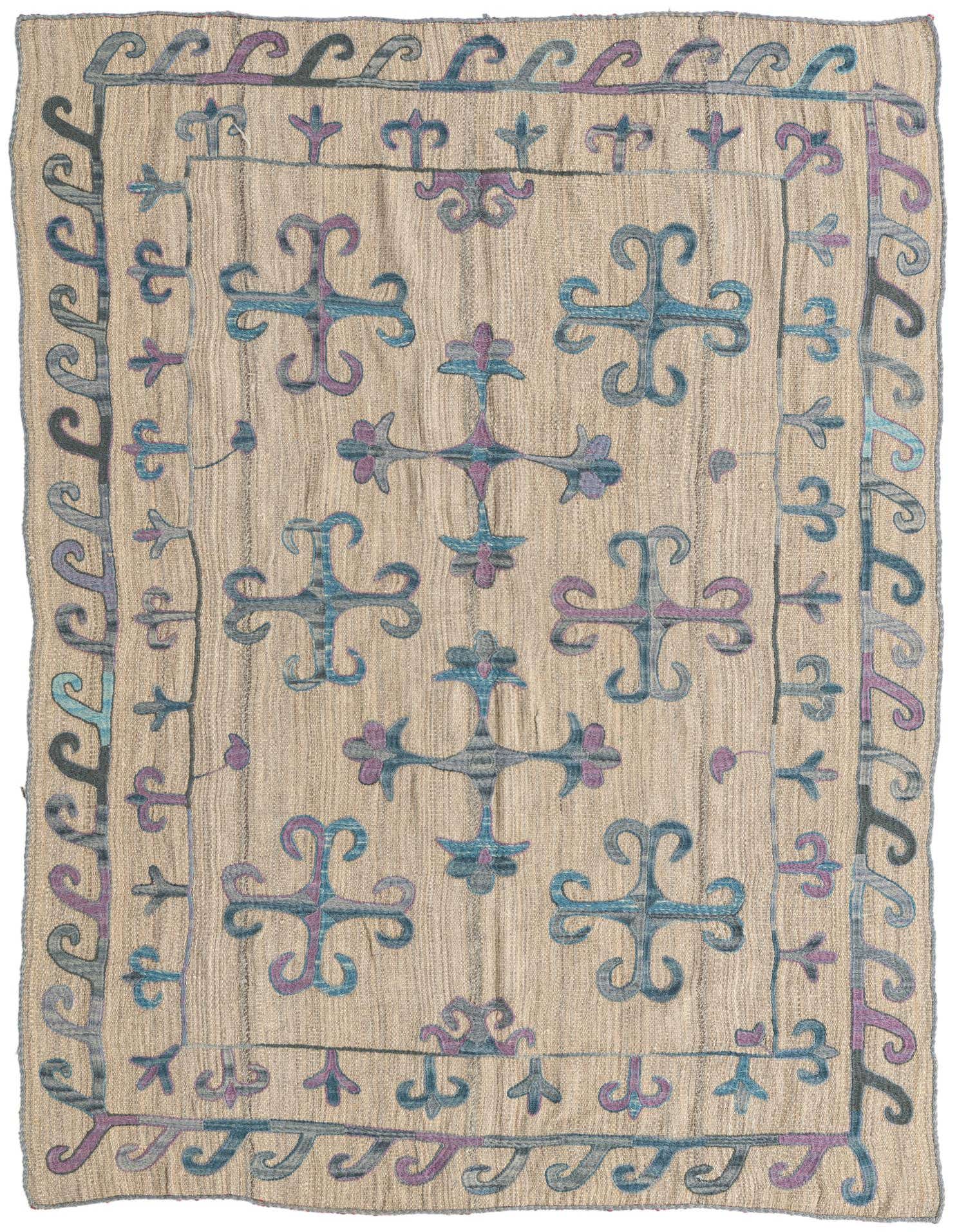 A 4x6 rectangular Kilim Suzani rug featuring a tan background with intricate tribal patterns in blue and purple.