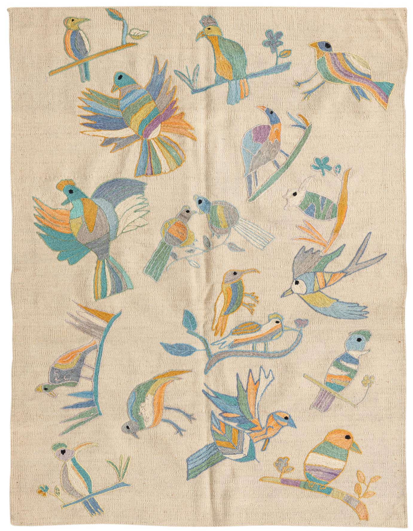 A 3x5 rectangular Kilim Suzani rug featuring colorful, abstract bird and floral motifs on a cream background.