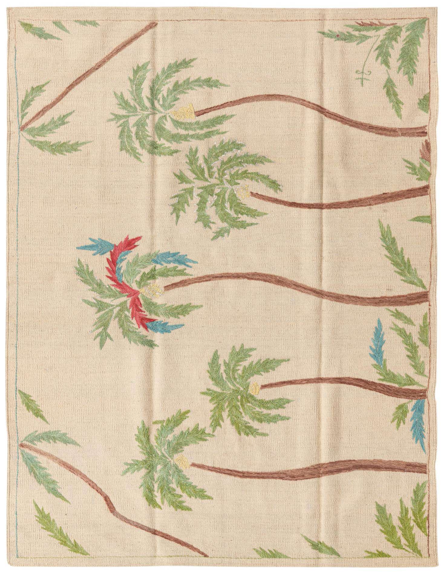 A 4x6 rectangular flatweave wool rug with a cream background and a tribal pattern of brown palm trees with green, red, and blue fronds.