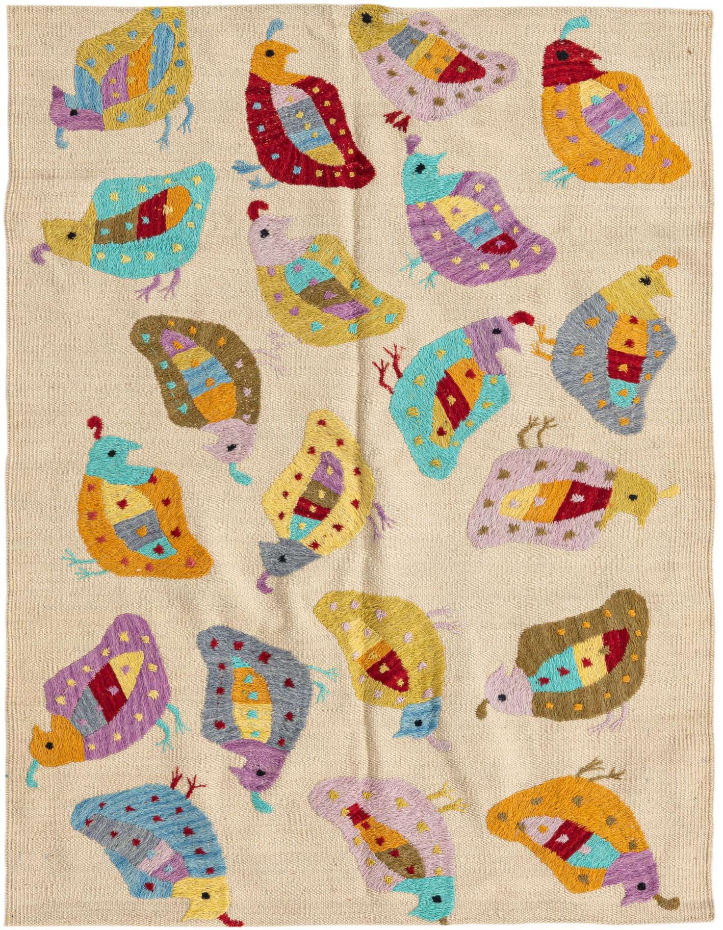 A rectangular 3x4 Kilim Suzani rug featuring colorful, stylized bird motifs on a cream background, perfect for a modern tribal decor.