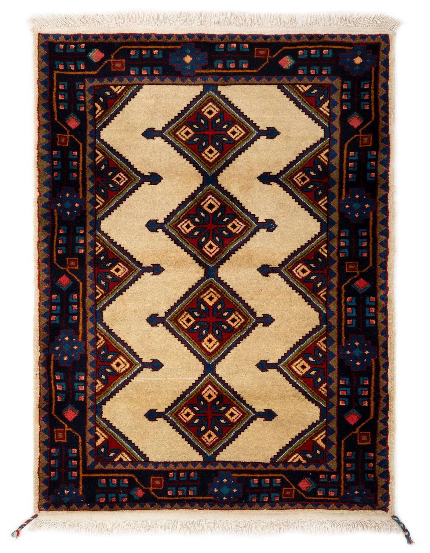 A 3x5 rectangular Koliaei rug with a cream field and a repeating pattern of tribal diamonds in red, blue, and brown, framed by a dark border.