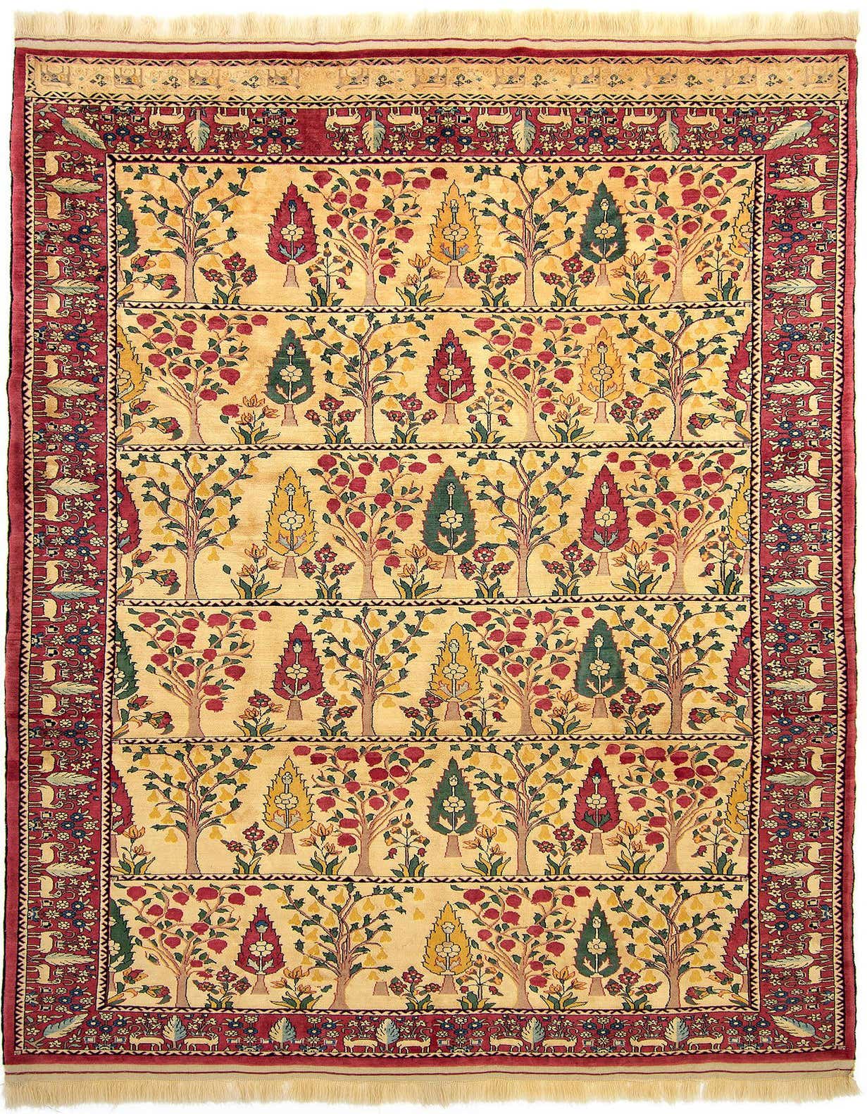 A 6x9 rectangular Persian rug featuring a tree of life pattern with red, yellow, and green trees on a cream background, framed by a deep red border.
