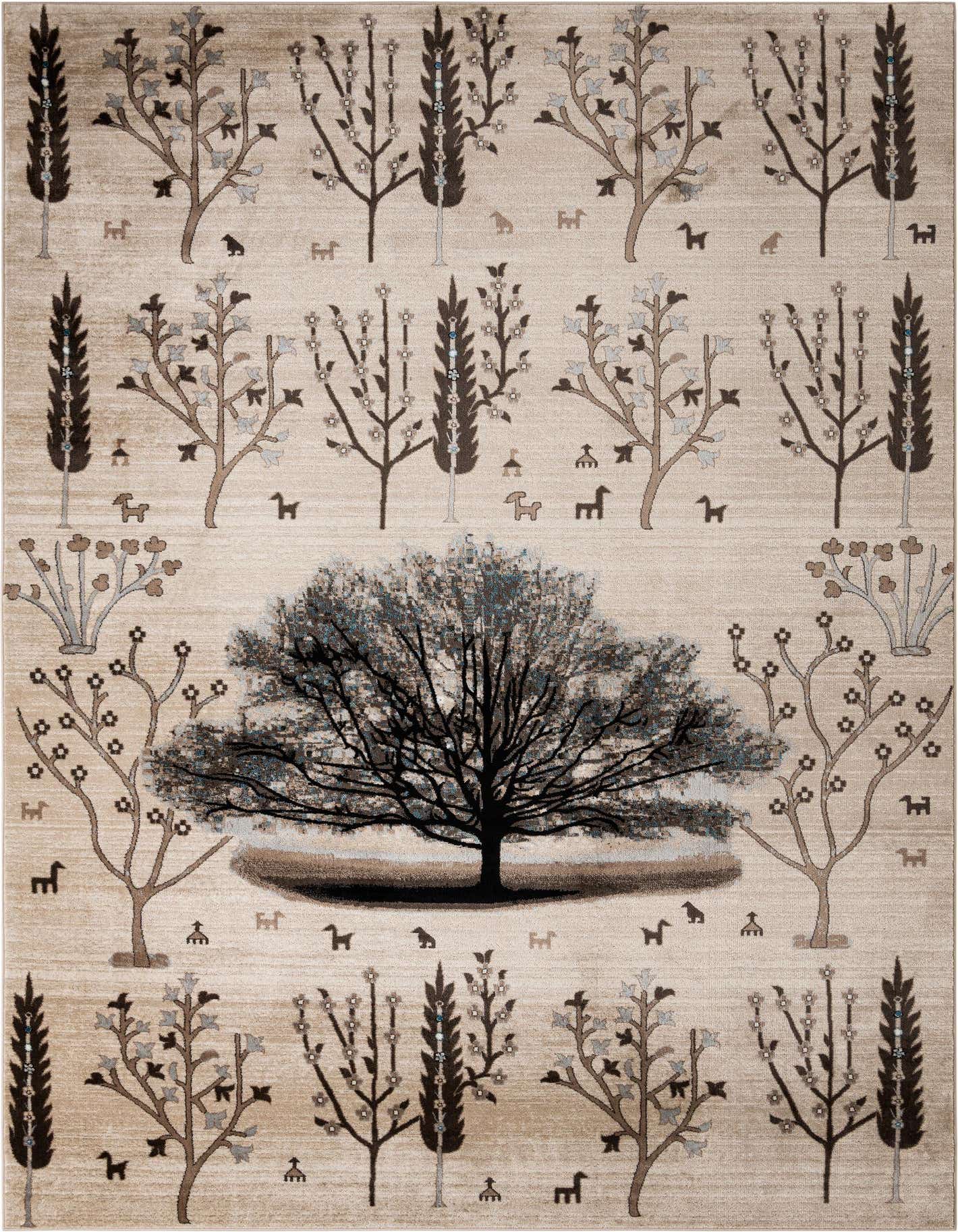 A 10x14 rectangular rug with a natural landscape design featuring a large central tree, smaller trees, and animal figures in shades of brown, tan, and cream.