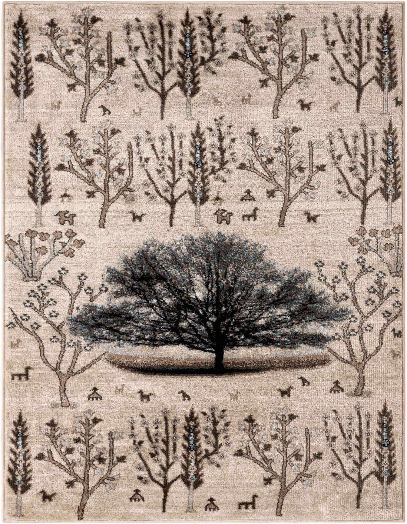 A 4x6 rectangular indoor rug with a nature-inspired pattern featuring trees in shades of brown, tan, and cream.