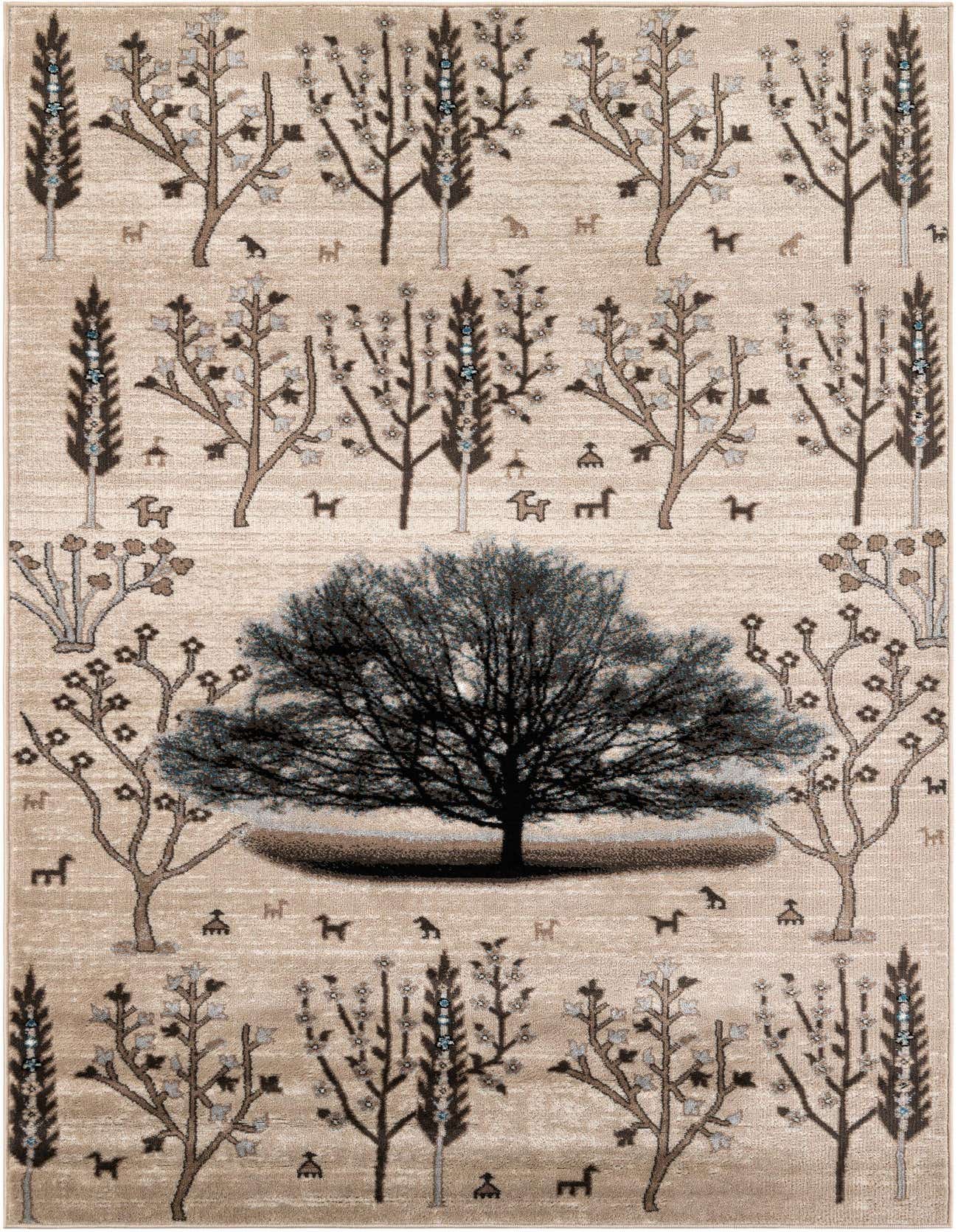 A 5x8 rectangular indoor rug featuring a modern forest design with a large central tree, smaller trees, and animal silhouettes in shades of brown, tan, and ivory.