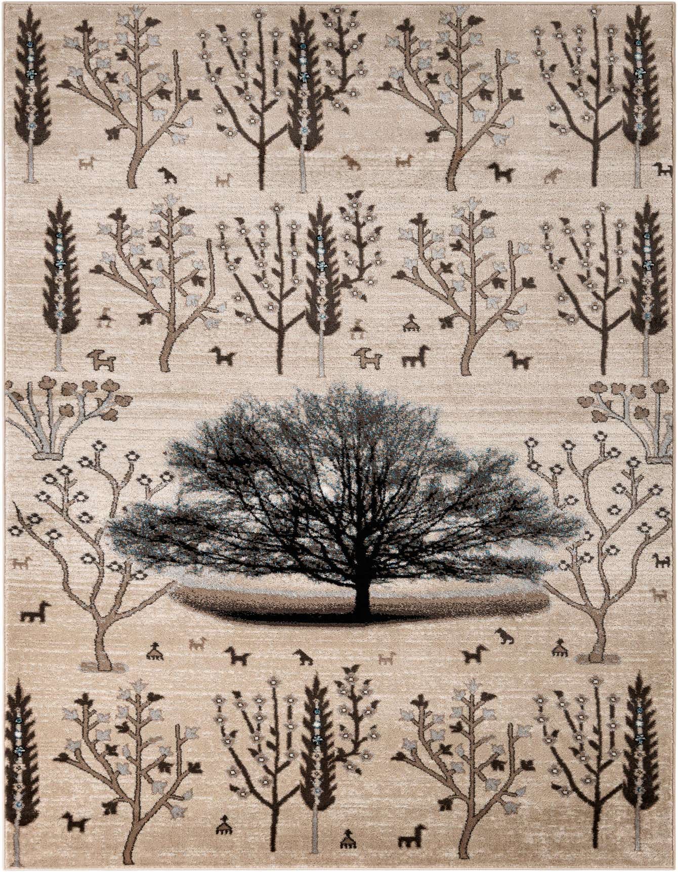 A 6x9 rectangular rug featuring a detailed forest scene with various trees and small animal silhouettes on a cream and brown background.