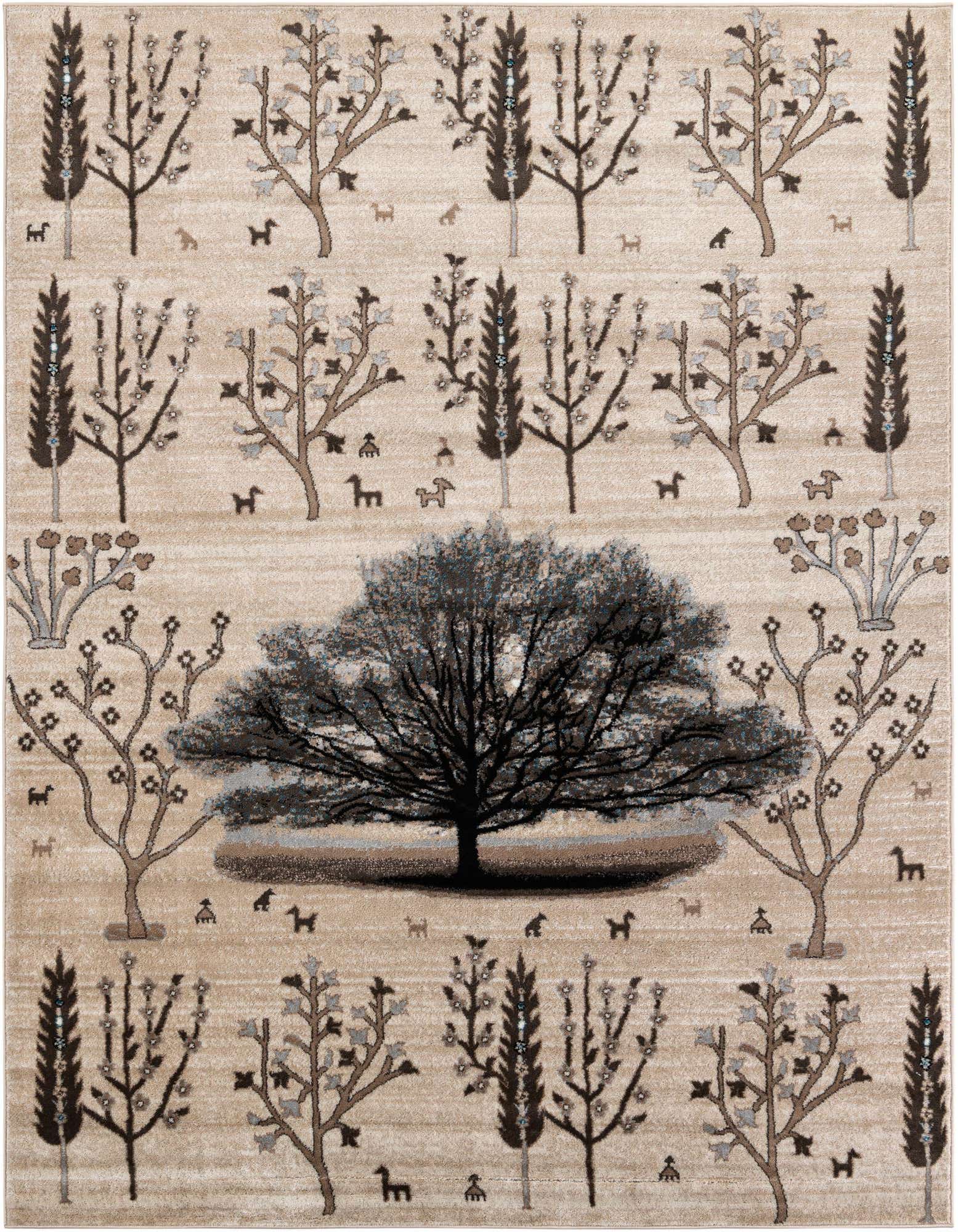 An 8x10 rectangular rug with a tan background featuring a large central tree, surrounded by smaller trees and animal silhouettes in shades of brown and ivory.