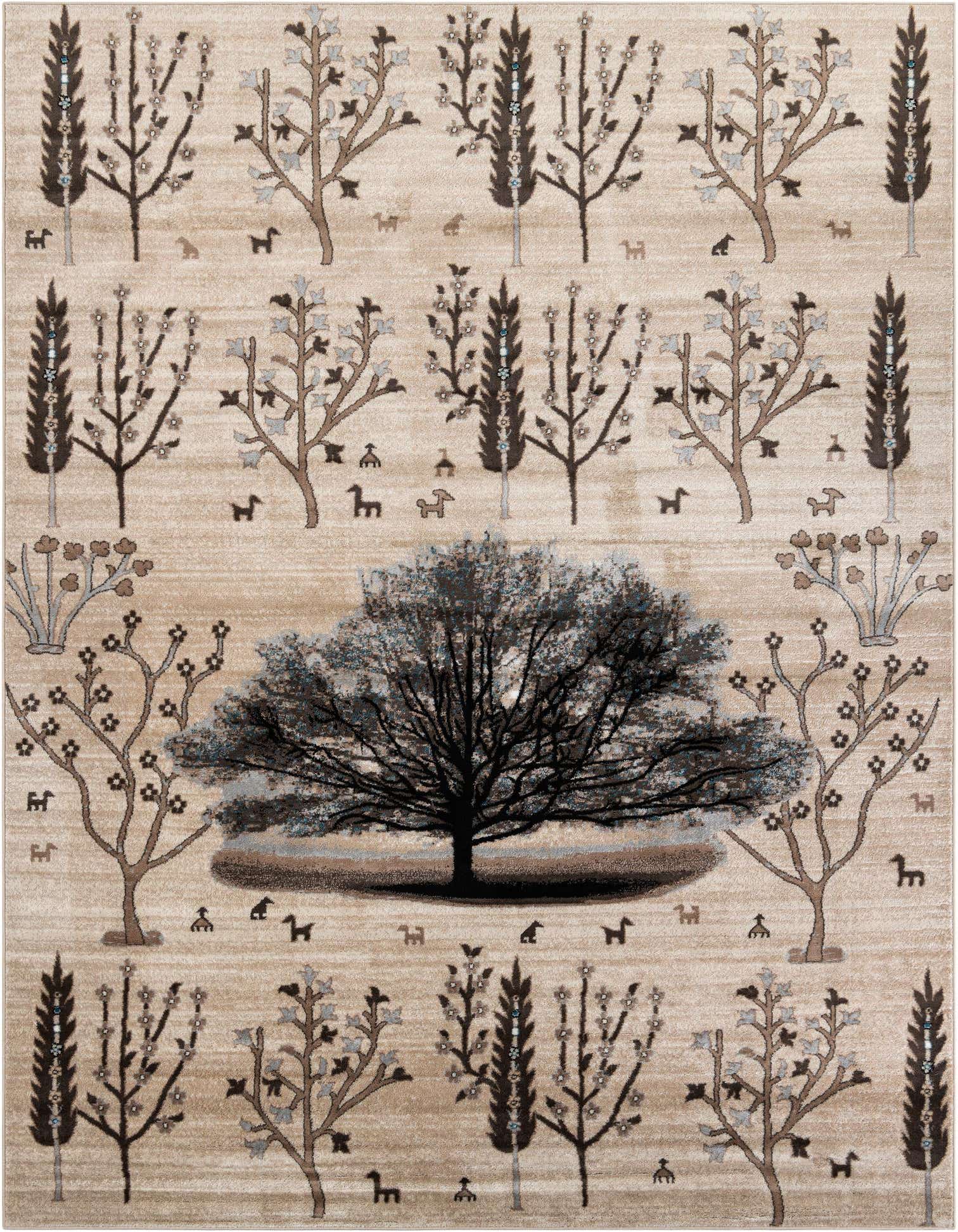 A 9x12 rectangular modern rug with a large central tree design in browns and ivories, surrounded by smaller trees and animal silhouettes.