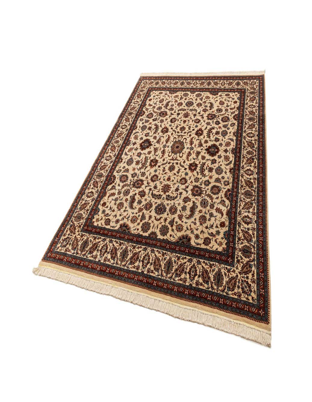 A 6x9 rectangular Lahour traditional rug with a cream background and intricate brown and ivory floral patterns.