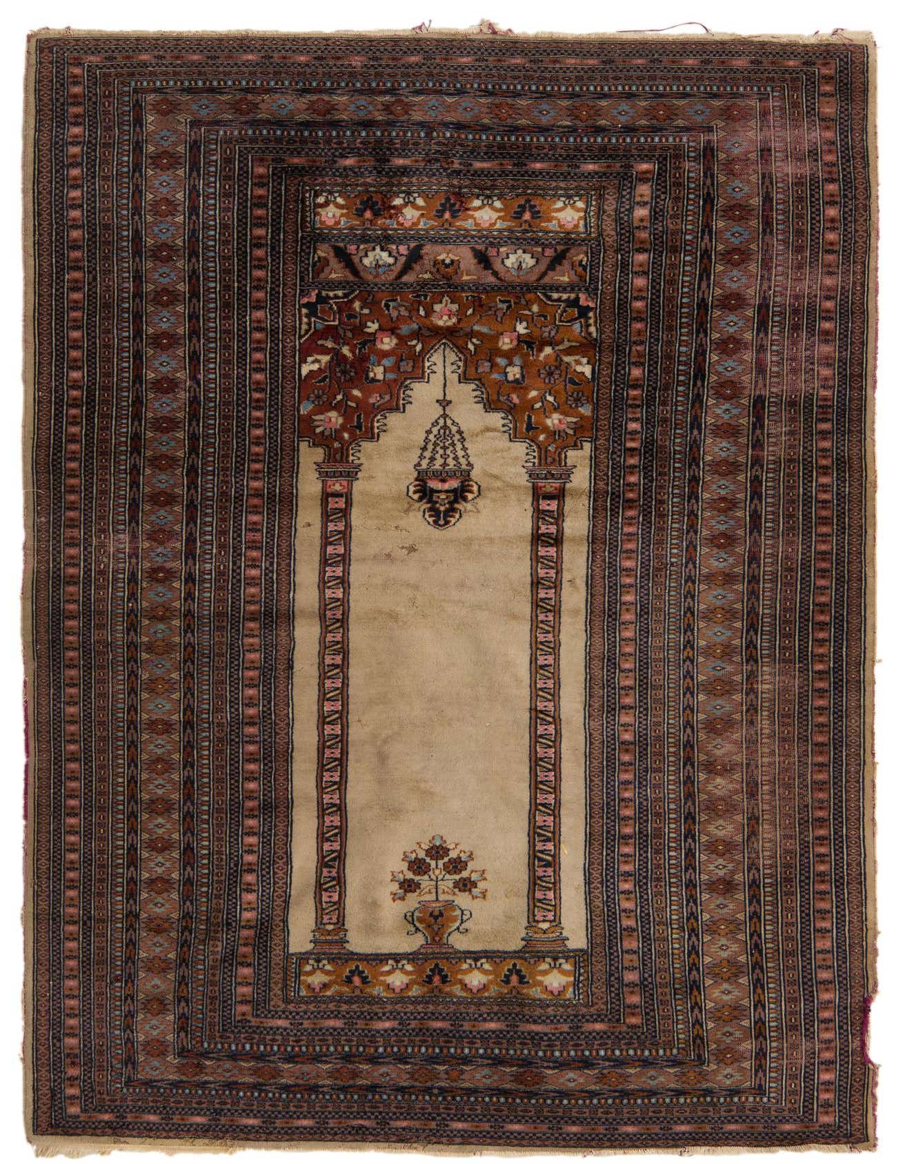 A 4x6 rectangular Lahour rug featuring a traditional Oriental design with a central ivory field and intricate brown, tan, and cream patterns.