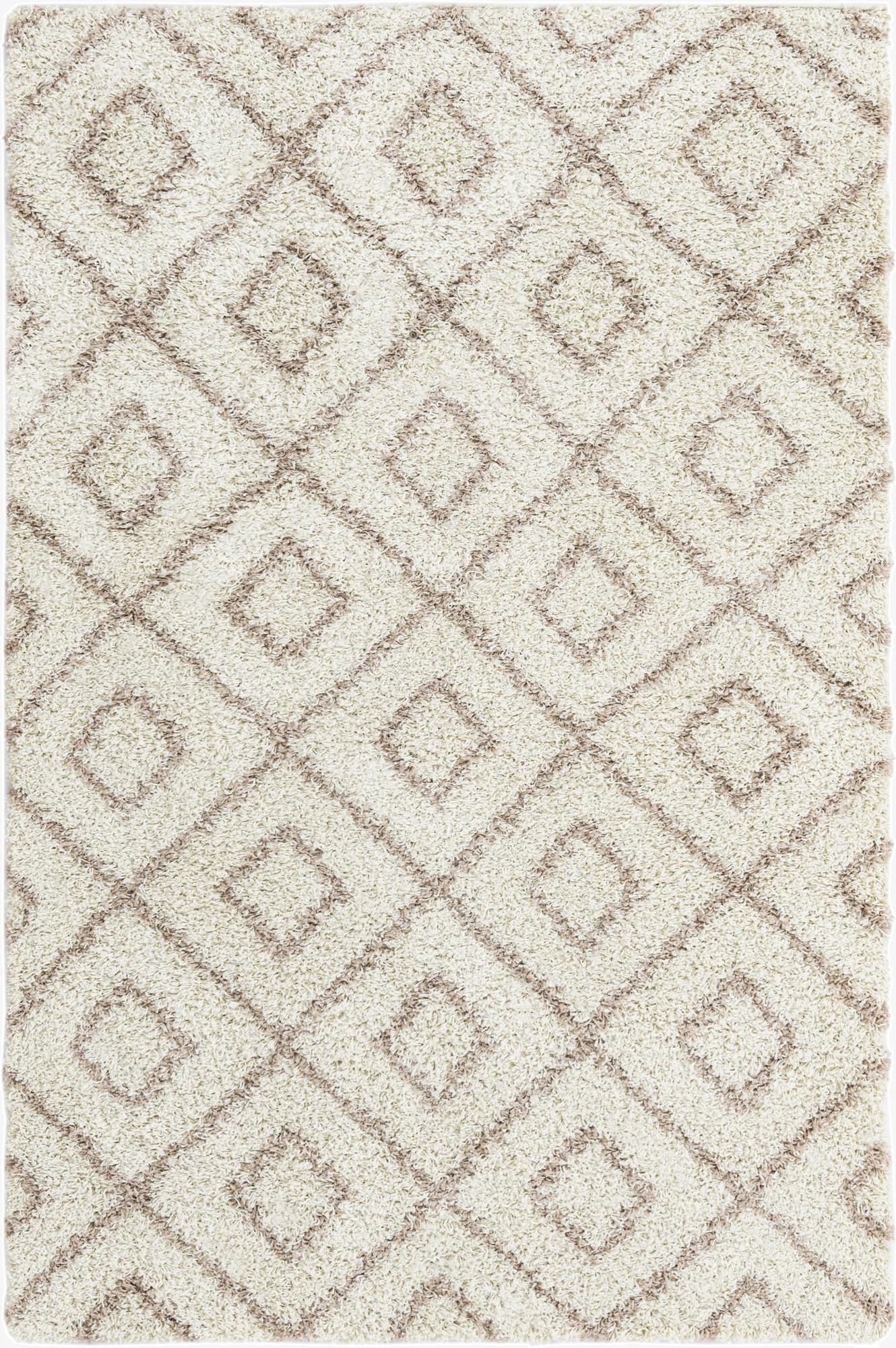 A 5x8 rectangular Lattice Shag rug featuring a modern geometric diamond pattern in brown and cream, with a textured high-low pile.